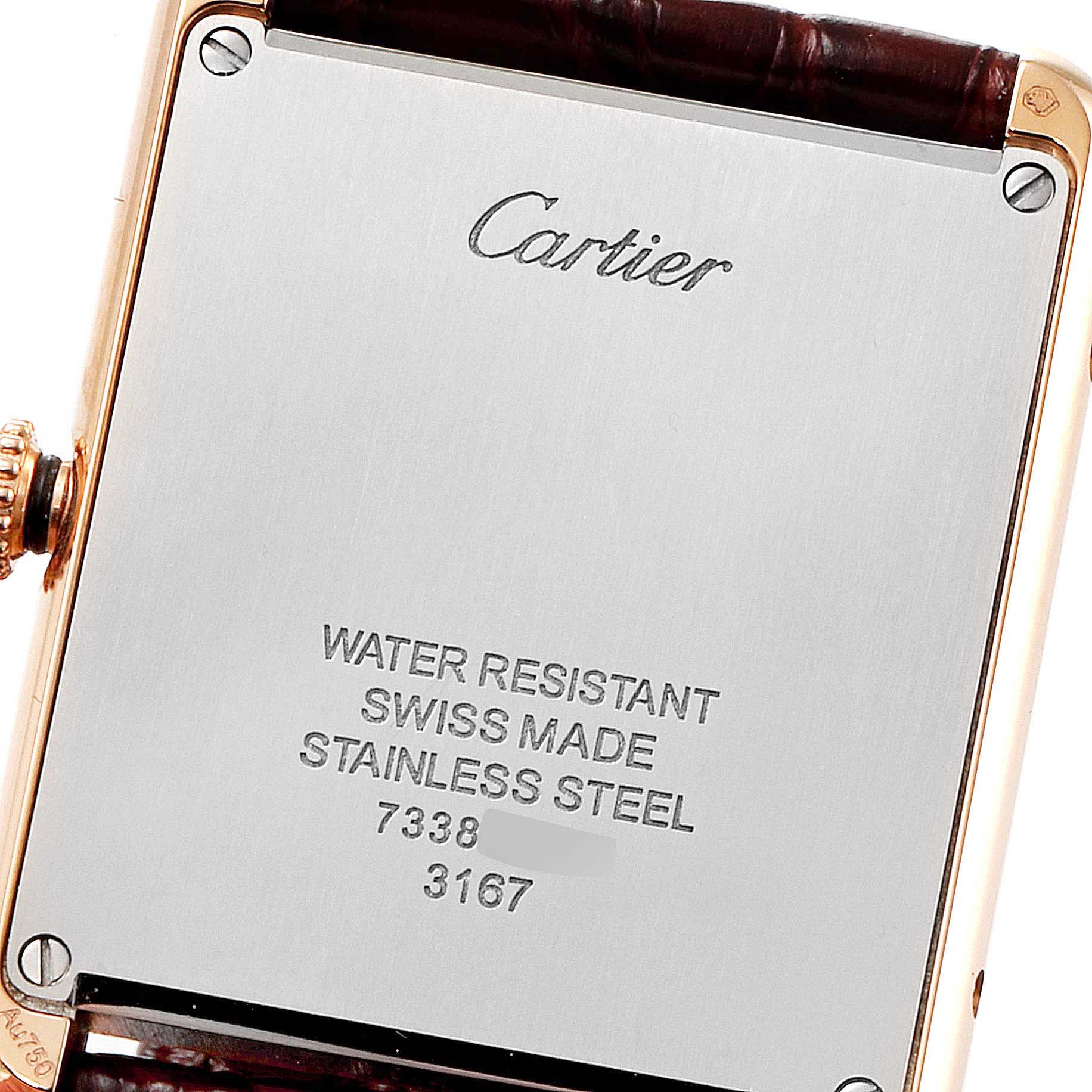 The image shows the back case of the Cartier Tank Solo W5200025 Men
s Rose Gold Silver Dial W5200025 Men
s Rose Gold Silver Dial watch, highlighting its water-resistant and stainless steel features.