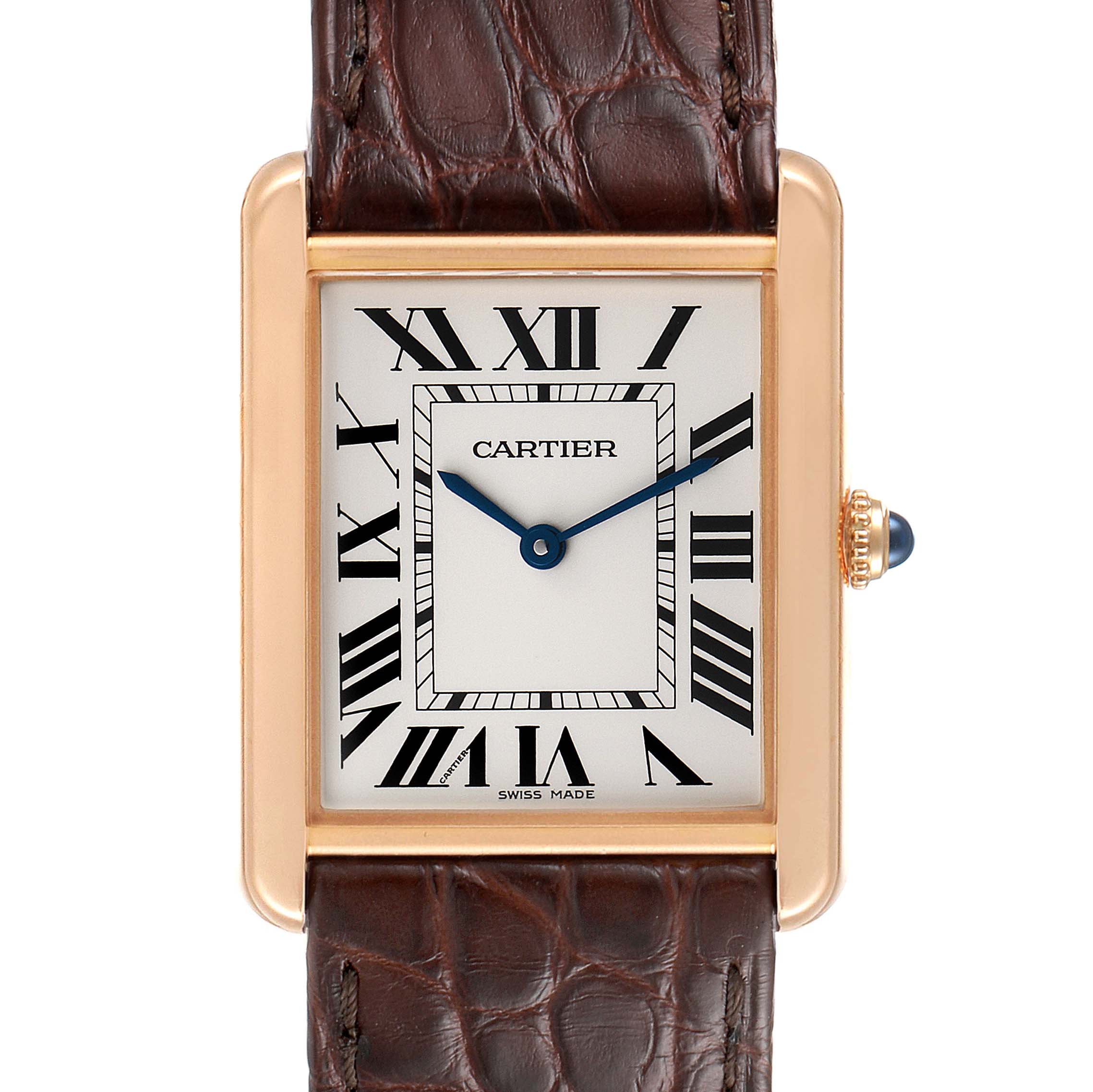 This image shows a front view of a Cartier Tank Solo W5200025 Men
s Rose Gold Silver Dial W5200025 Men
s Rose Gold Silver Dial watch, highlighting the face, hands, bezel, and part of the leather strap.