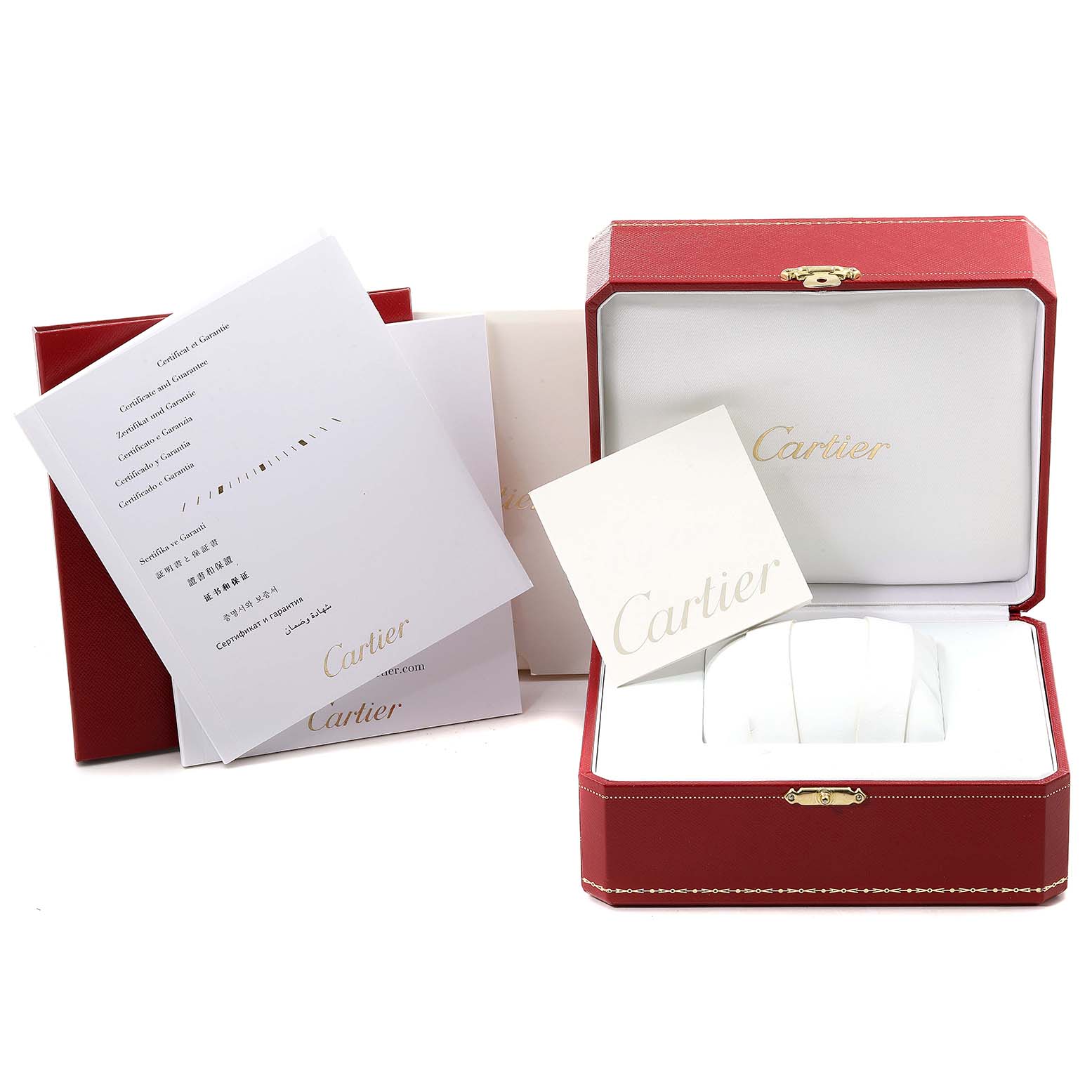 This image shows the Cartier Tank Solo W5200025 Men
s Rose Gold Silver Dial W5200025 Men
s Rose Gold Silver Dial watch box and accessories, including a red case, warranty, certification cards, and instruction manual.