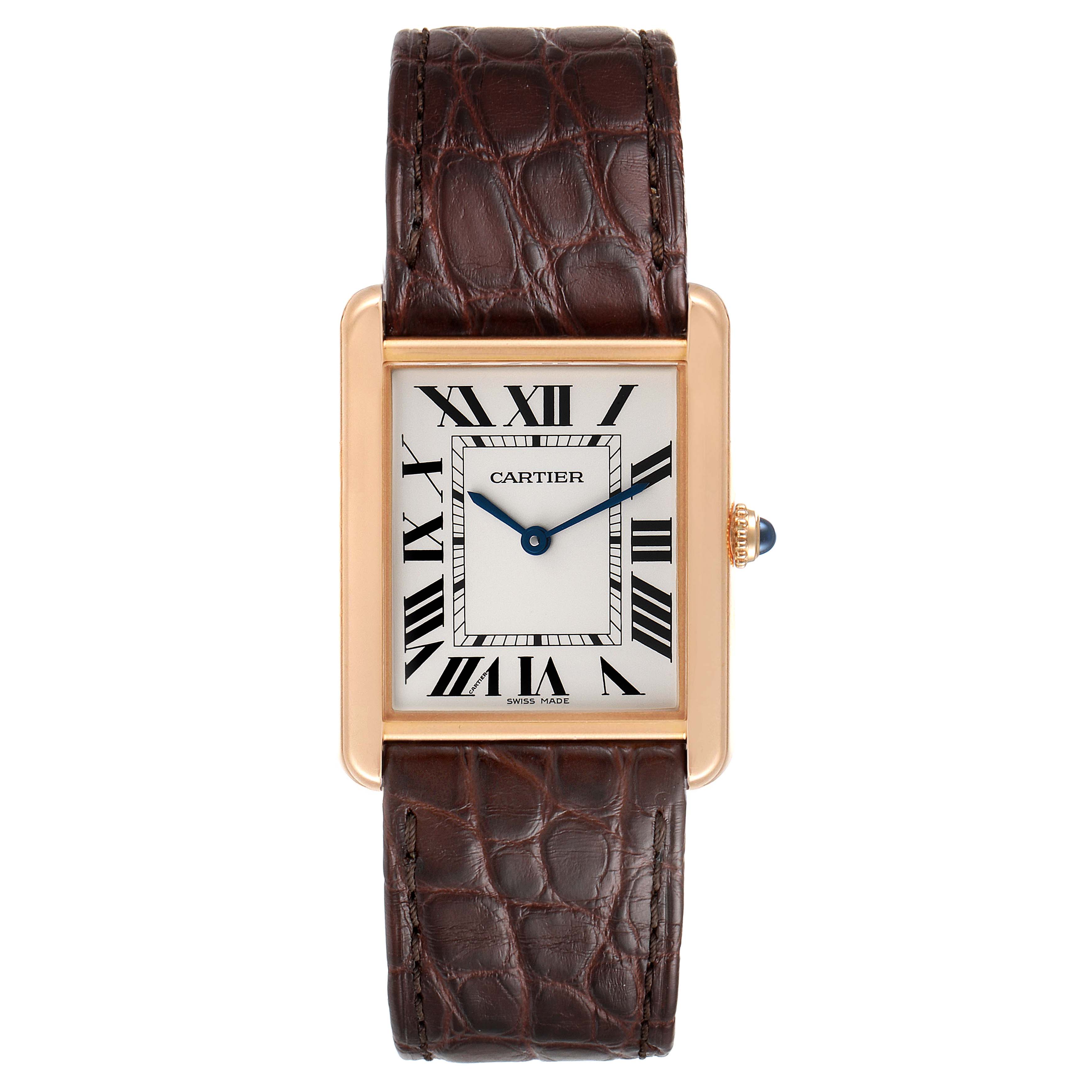 The image shows a front view of the Cartier Tank Solo W5200025 Men
s Rose Gold Silver Dial W5200025 Men
s Rose Gold Silver Dial watch, highlighting its rectangular face and brown leather strap.