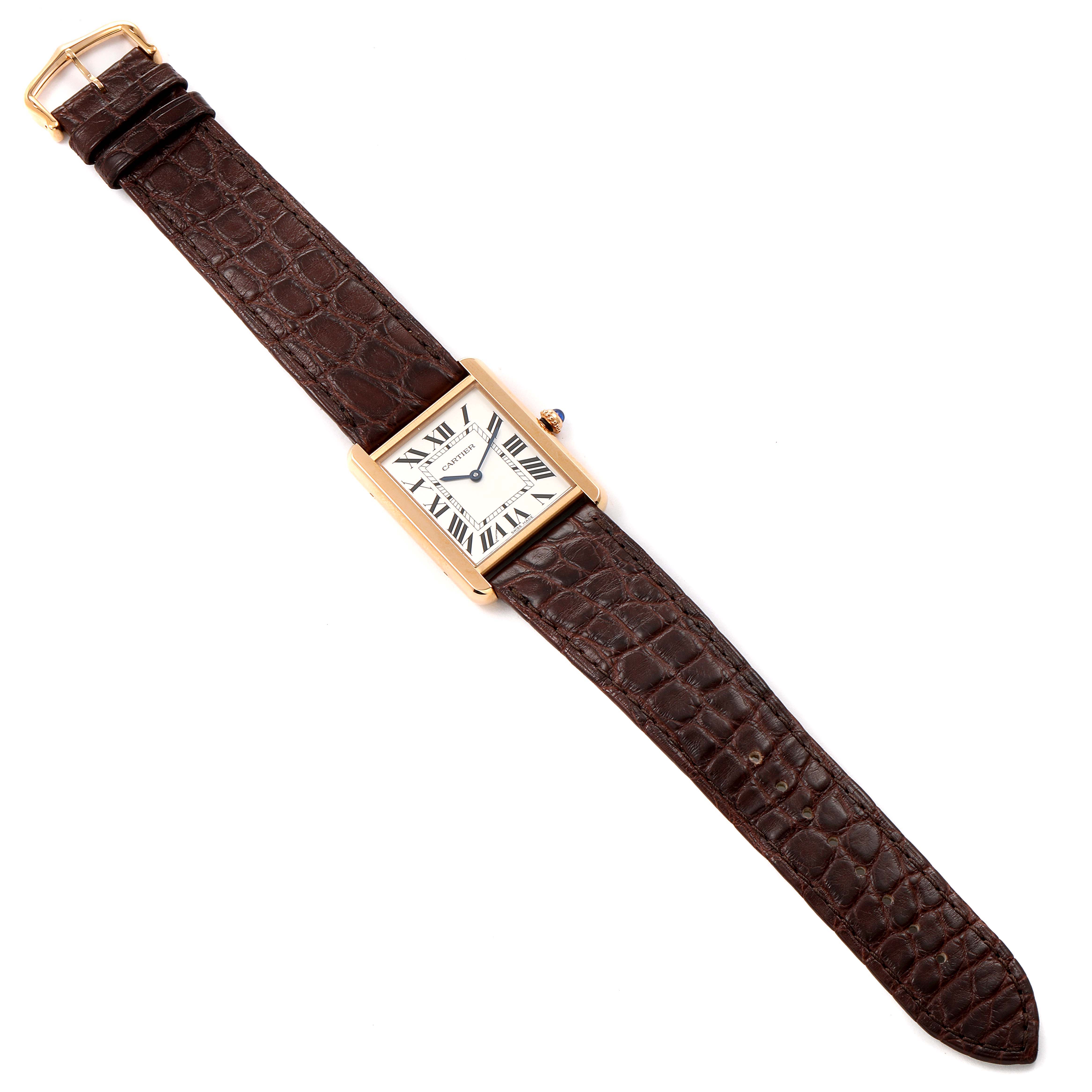 The image shows an overhead view of the Cartier Tank Solo W5200025 Men
s Rose Gold Silver Dial W5200025 Men
s Rose Gold Silver Dial watch with its brown leather strap fully extended.