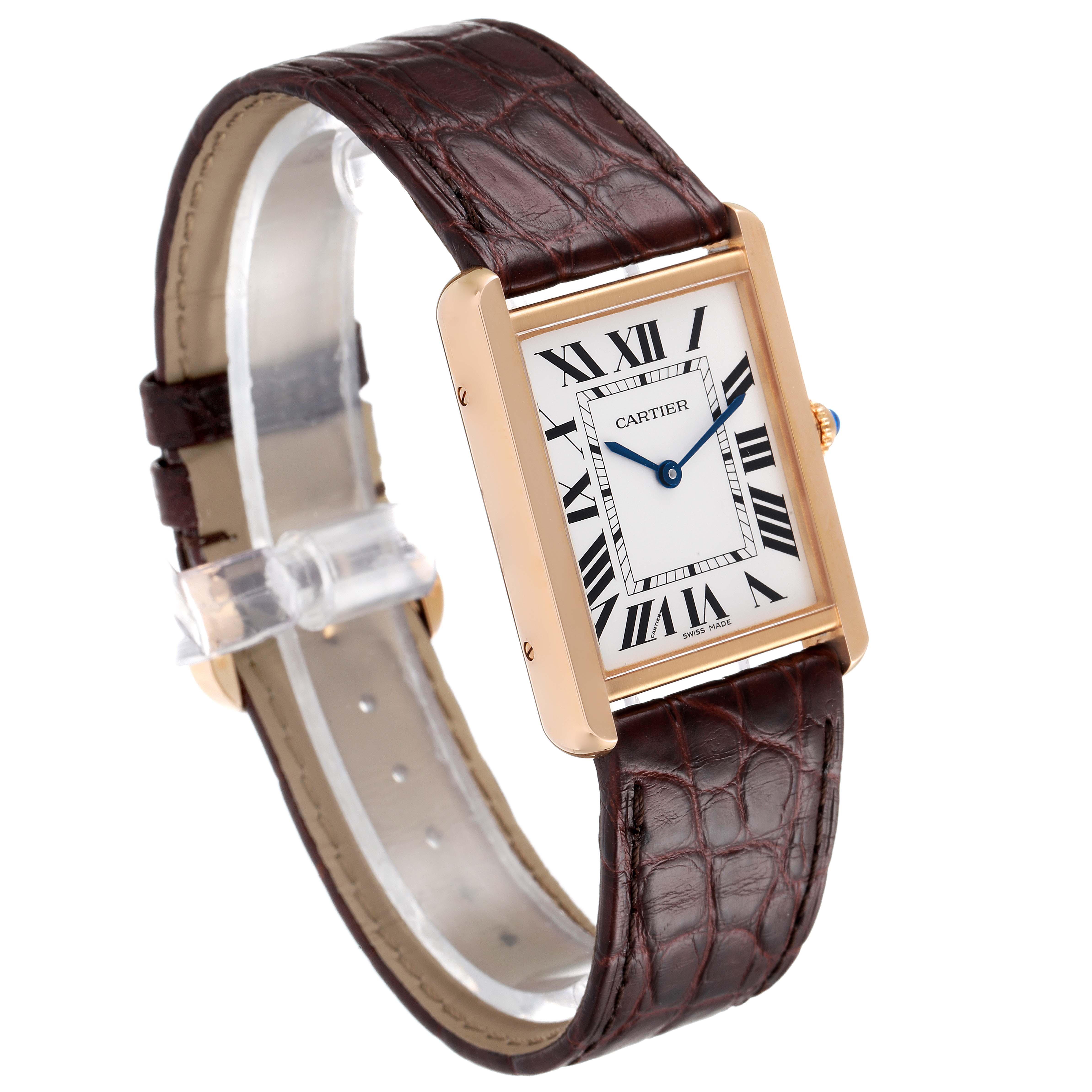The image shows a Cartier Tank Solo W5200025 Men
s Rose Gold Silver Dial W5200025 Men
s Rose Gold Silver Dial watch at a three-quarter angle, highlighting its rectangular face and brown leather strap.