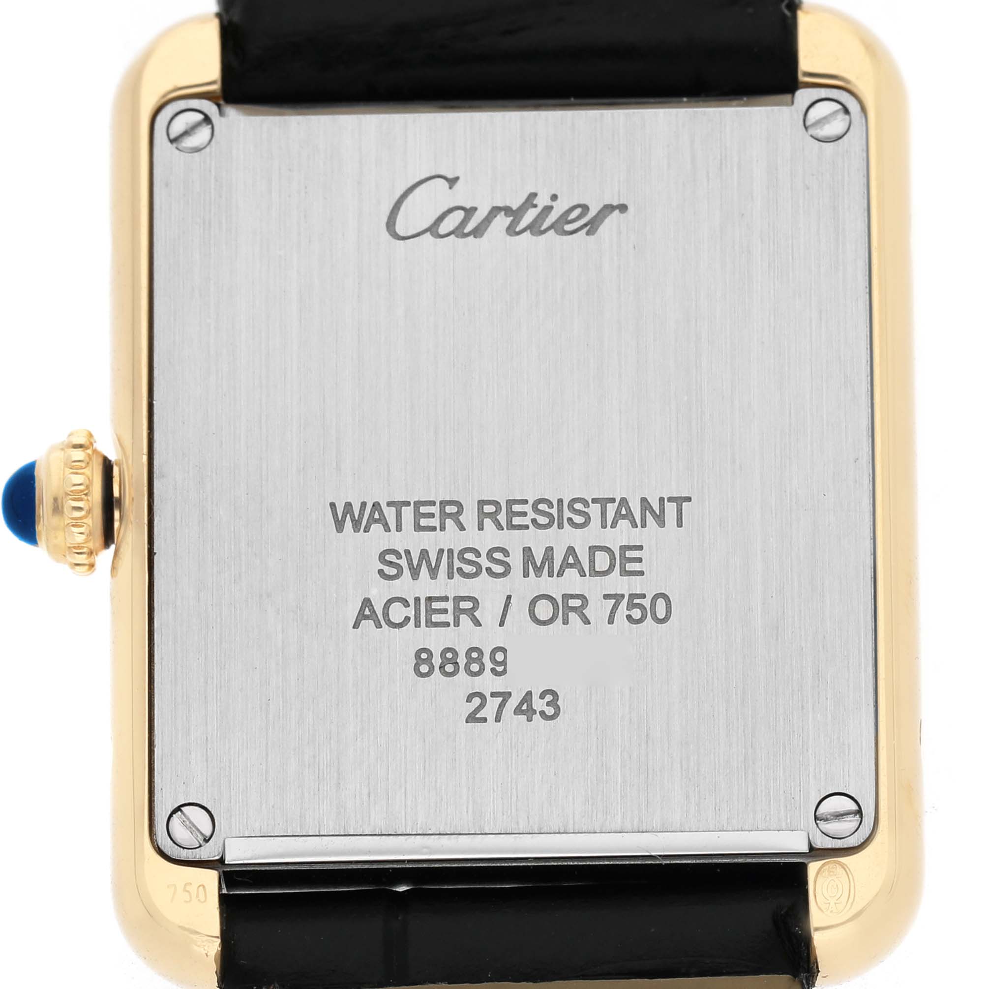 The image shows the back of the Cartier Tank Solo W1018755 Women's Yellow Gold Silver Dial watch, highlighting its water resistance and materials.