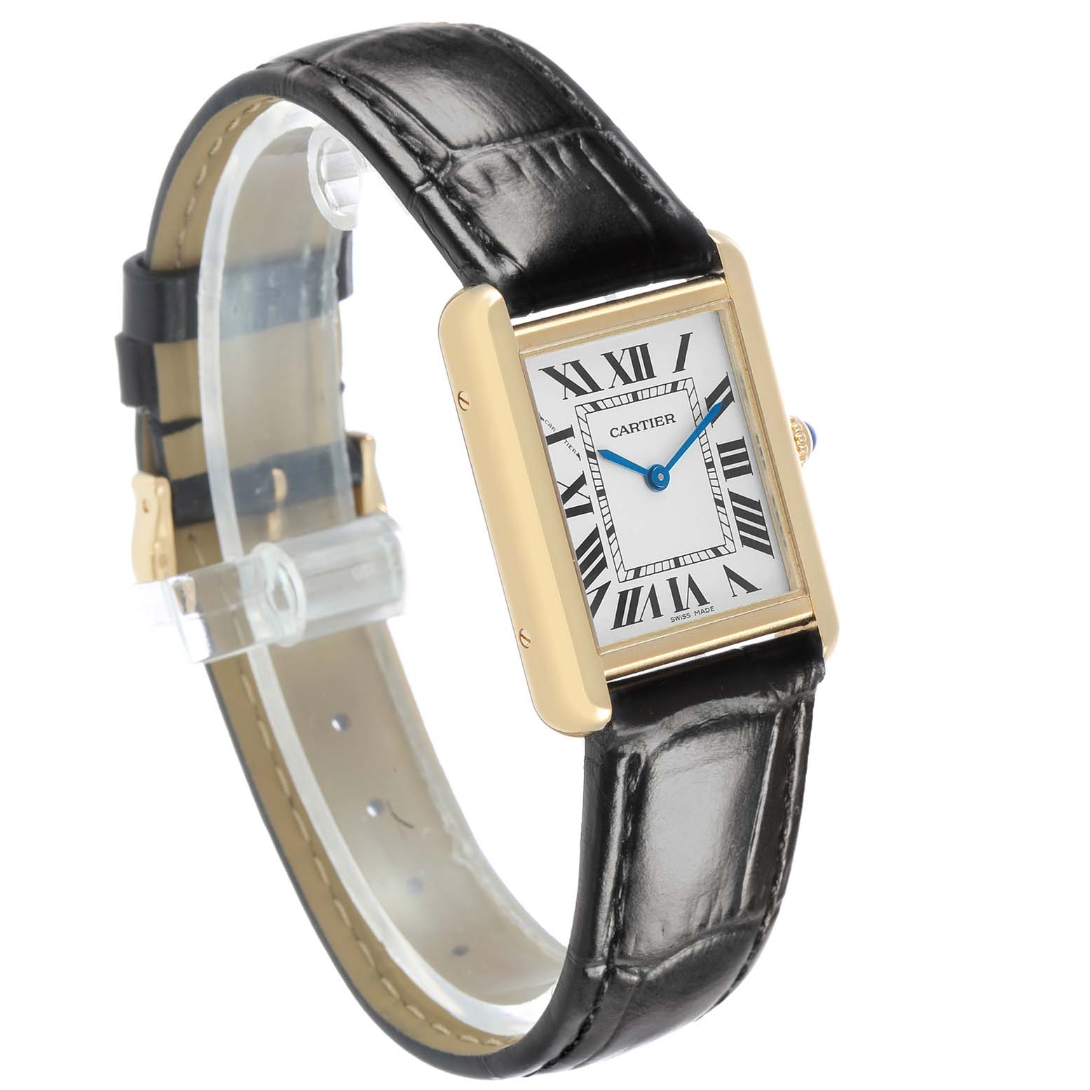 The Cartier Tank Solo W1018755 Women's Yellow Gold Silver Dial watch is shown at an angle highlighting its rectangular face, gold case, and black leather strap.