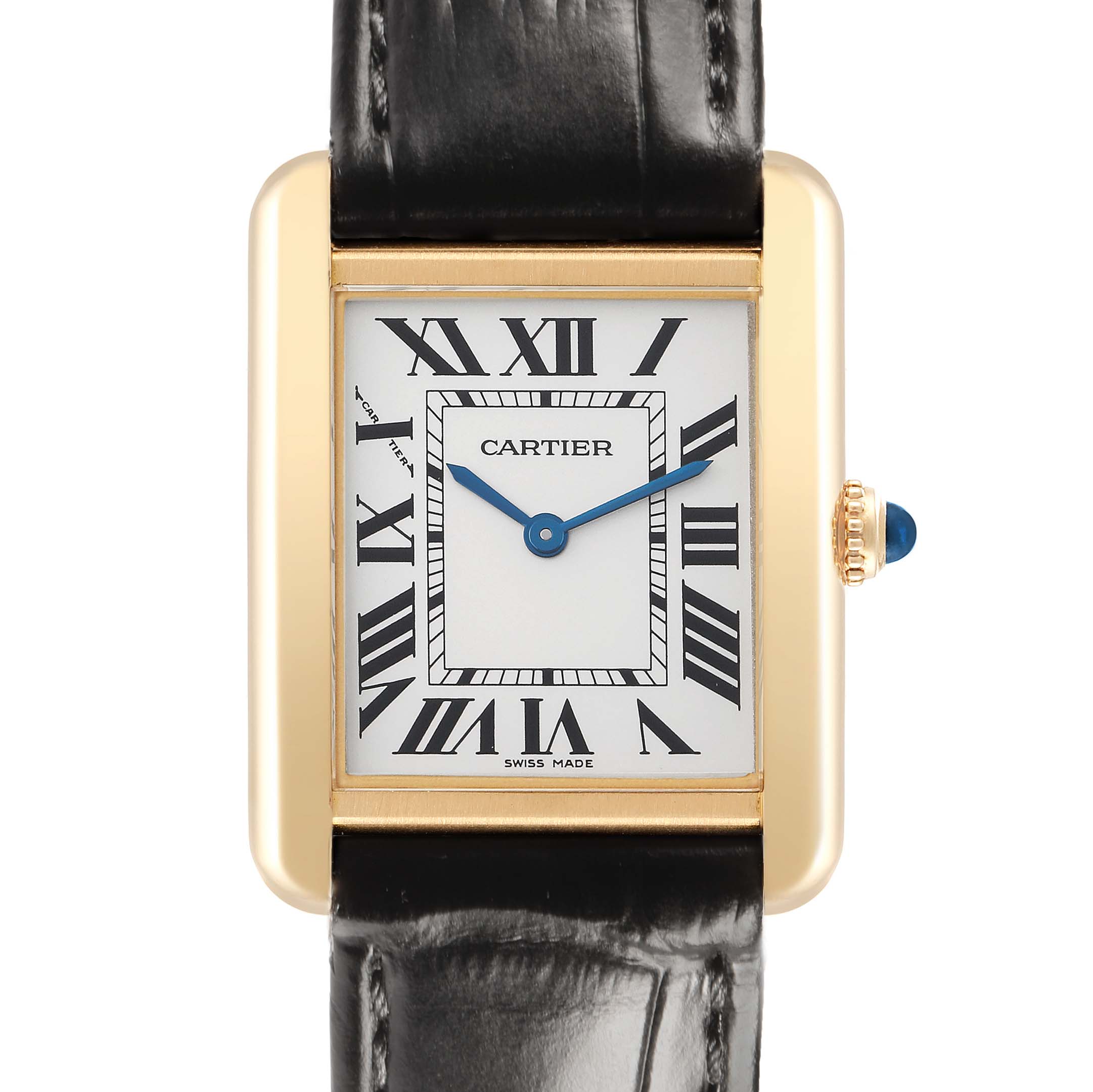 The Cartier Tank Solo W1018755 Women's Yellow Gold Silver Dial watch is shown from the front, highlighting its rectangular face, Roman numerals, blue hands, crown with a blue gem, and leather strap.