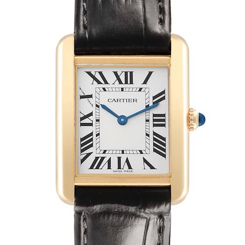 The Cartier Tank Solo W1018755 Women's Yellow Gold Silver Dial watch is shown from the front, displaying its rectangular face, Roman numerals, blue hands, and black leather strap.