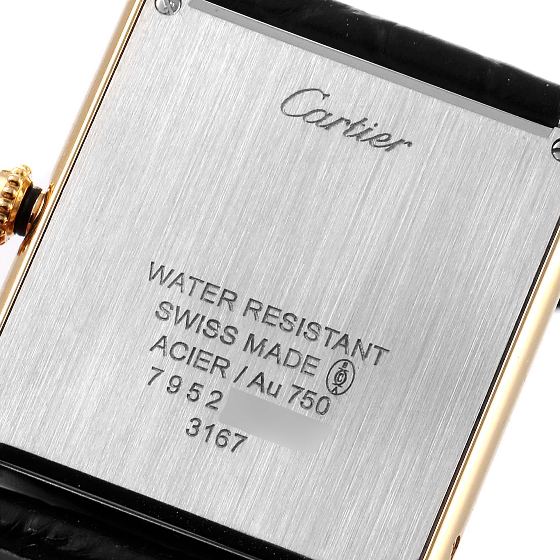 The image shows the back case of a Cartier Tank Solo W5200004 Men's Yellow Gold Silver Dial W5200004 Men's Yellow Gold Silver Dial watch, displaying its brand markings and specifications.