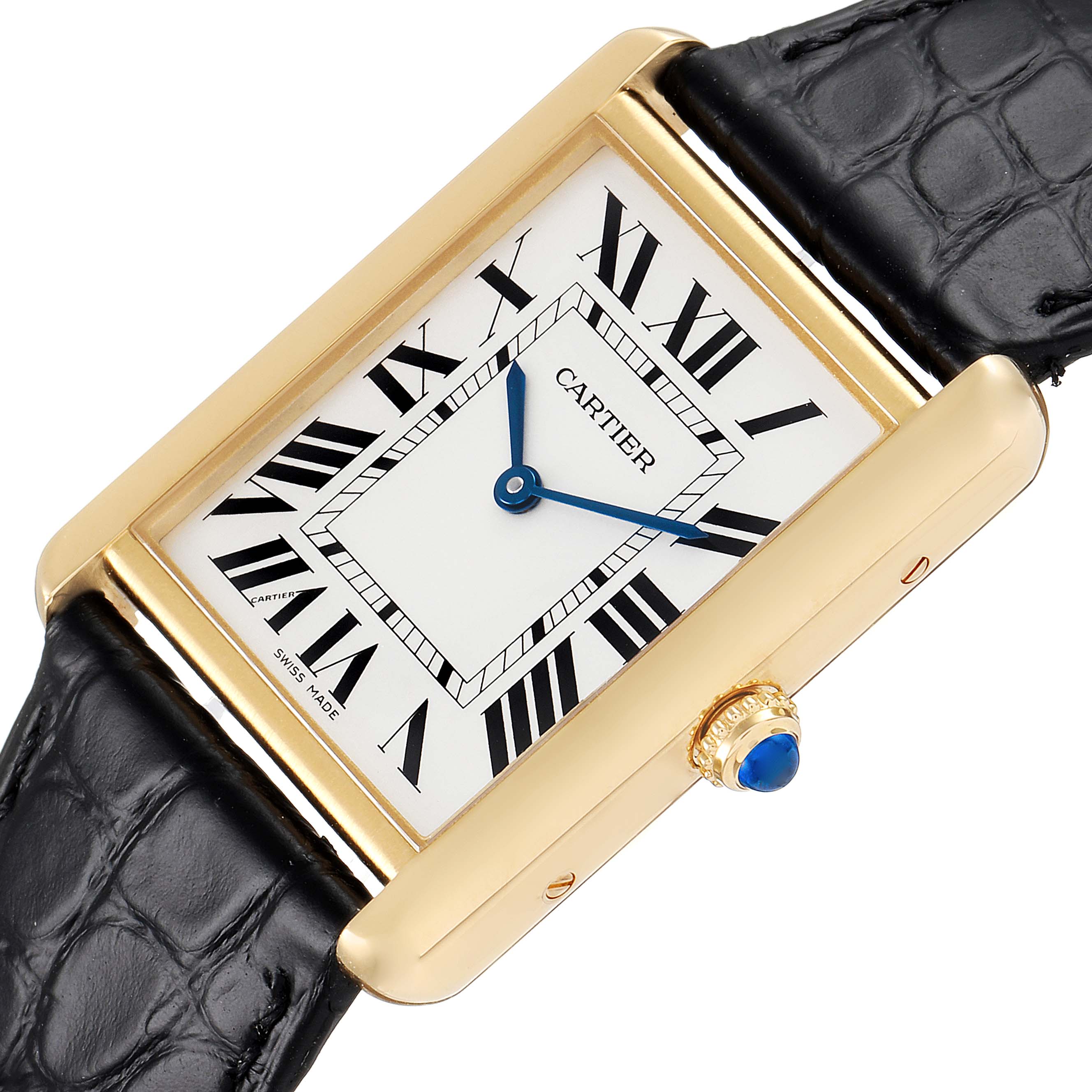 The image shows a Cartier Tank Solo W5200004 Men's Yellow Gold Silver Dial W5200004 Men's Yellow Gold Silver Dial watch at a slight angle, displaying the face, bezel, crown, and leather strap.