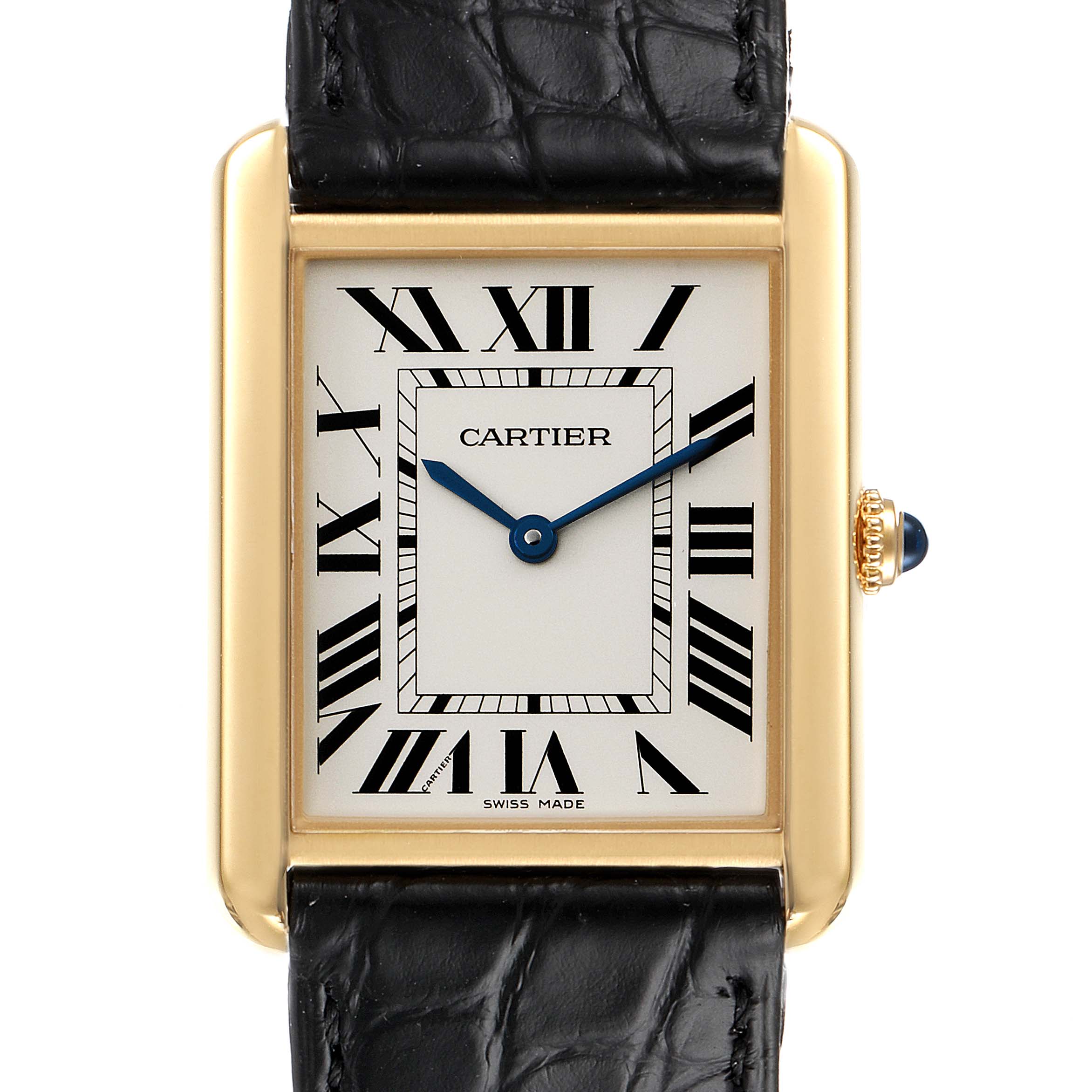 This is a close-up, front view of the Cartier Tank Solo W5200004 Men's Yellow Gold Silver Dial W5200004 Men's Yellow Gold Silver Dial watch featuring a rectangular face and leather strap.