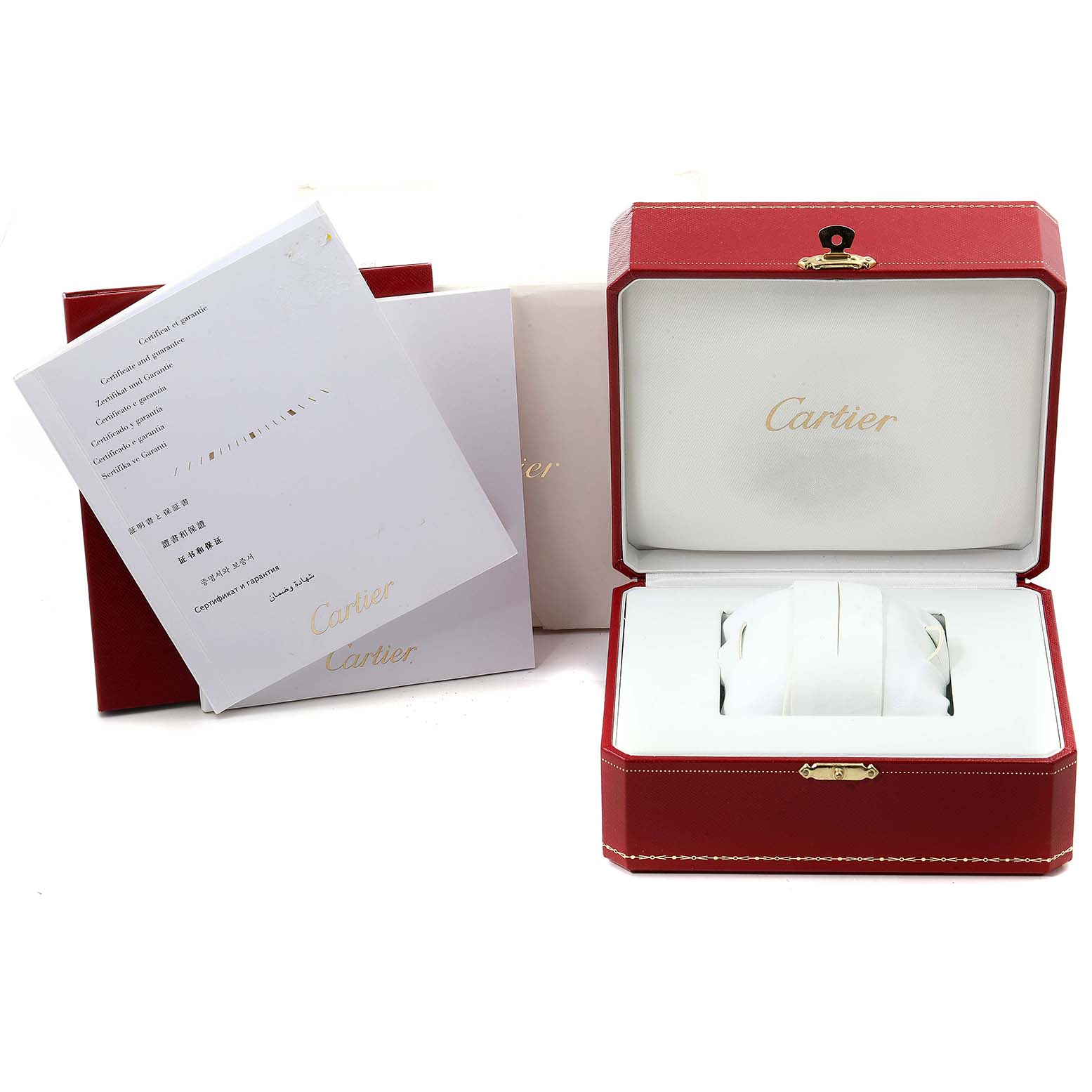 The image shows the Tank Solo model by Cartier in its red box with certification papers.