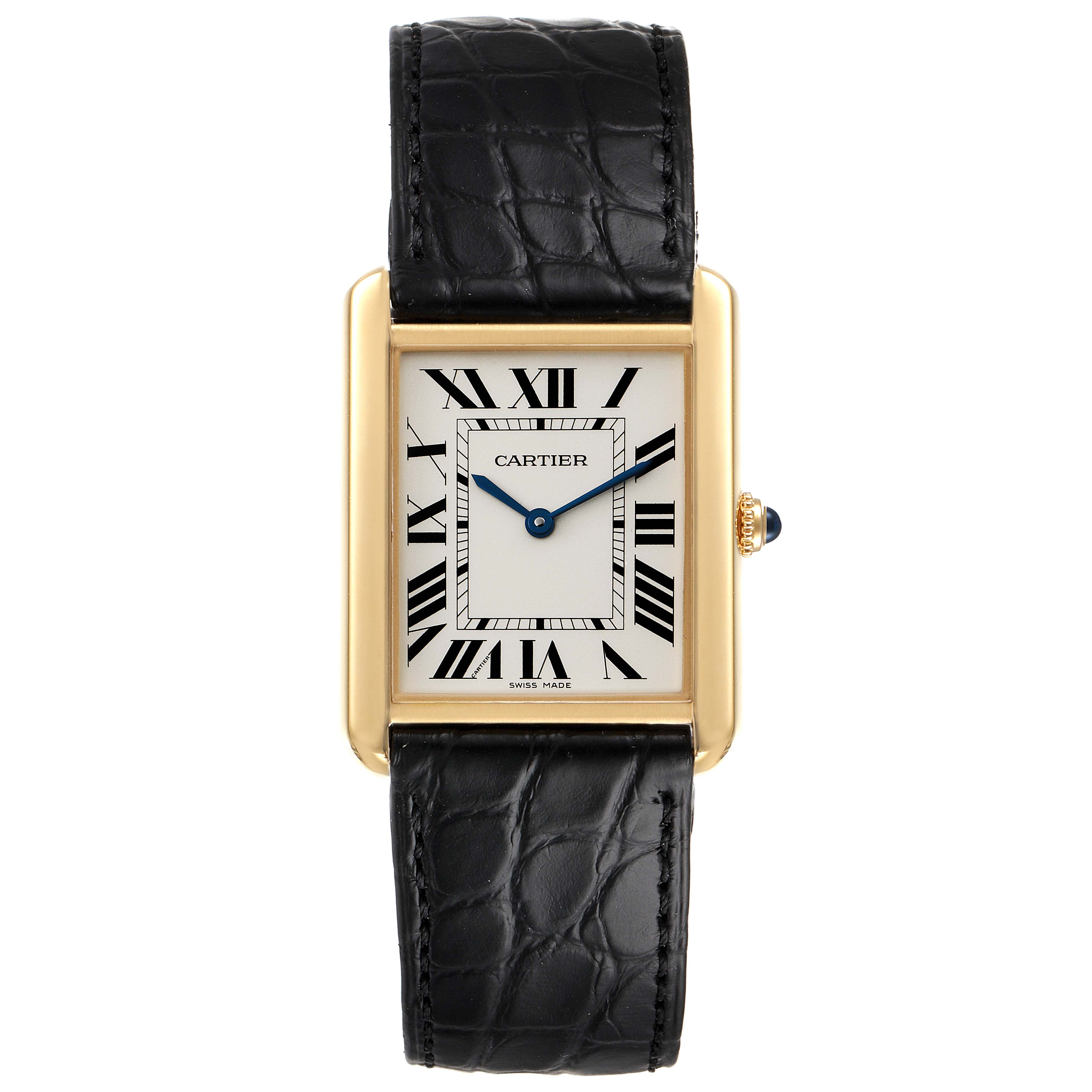 The image shows a Cartier Tank Solo W5200004 Men's Yellow Gold Silver Dial W5200004 Men's Yellow Gold Silver Dial watch from a front angle, displaying its rectangular face, Roman numerals, gold case, black leather strap, and blue hands.