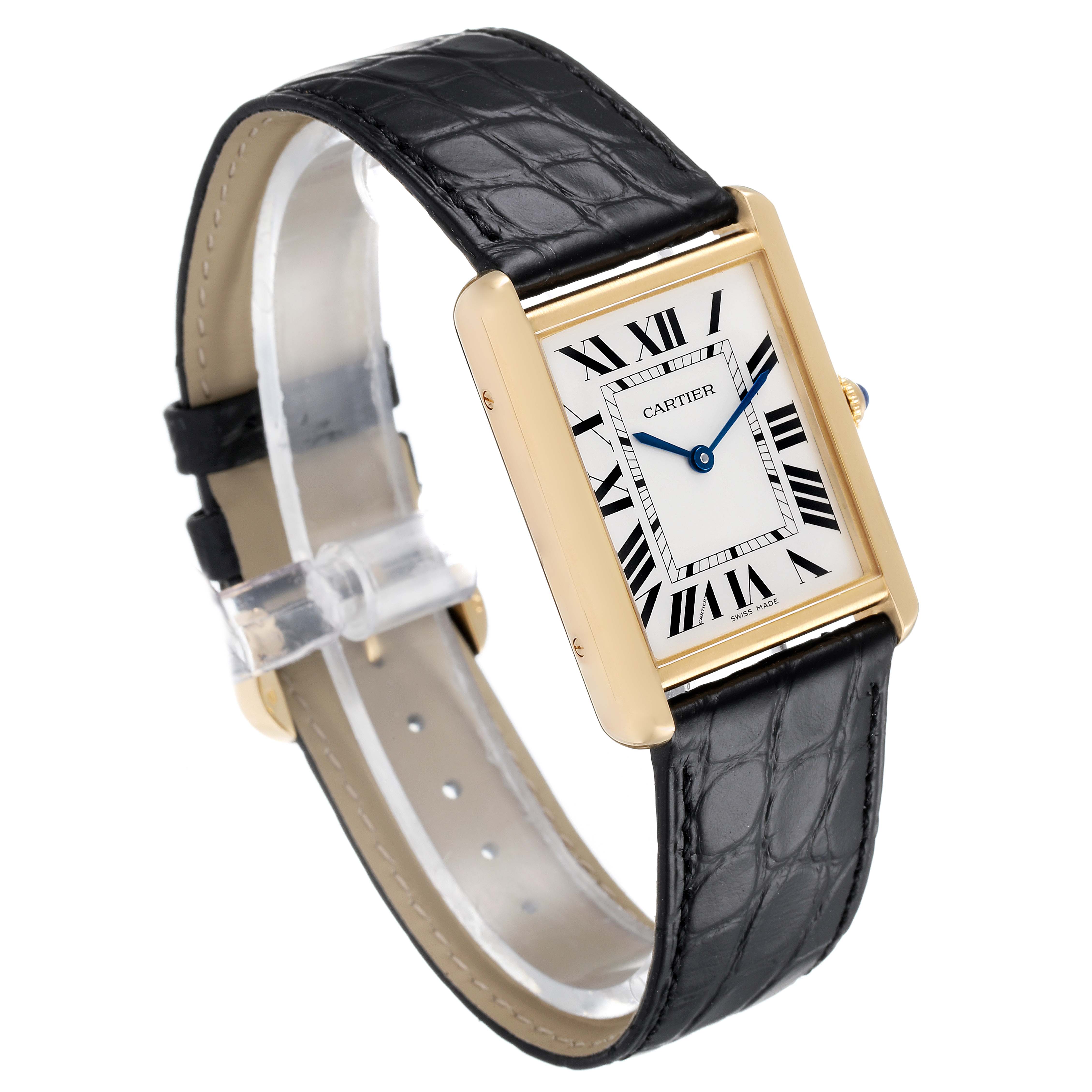 The image shows a Cartier Tank Solo W5200004 Men's Yellow Gold Silver Dial W5200004 Men's Yellow Gold Silver Dial watch angled to display its face, black leather strap, and gold case.