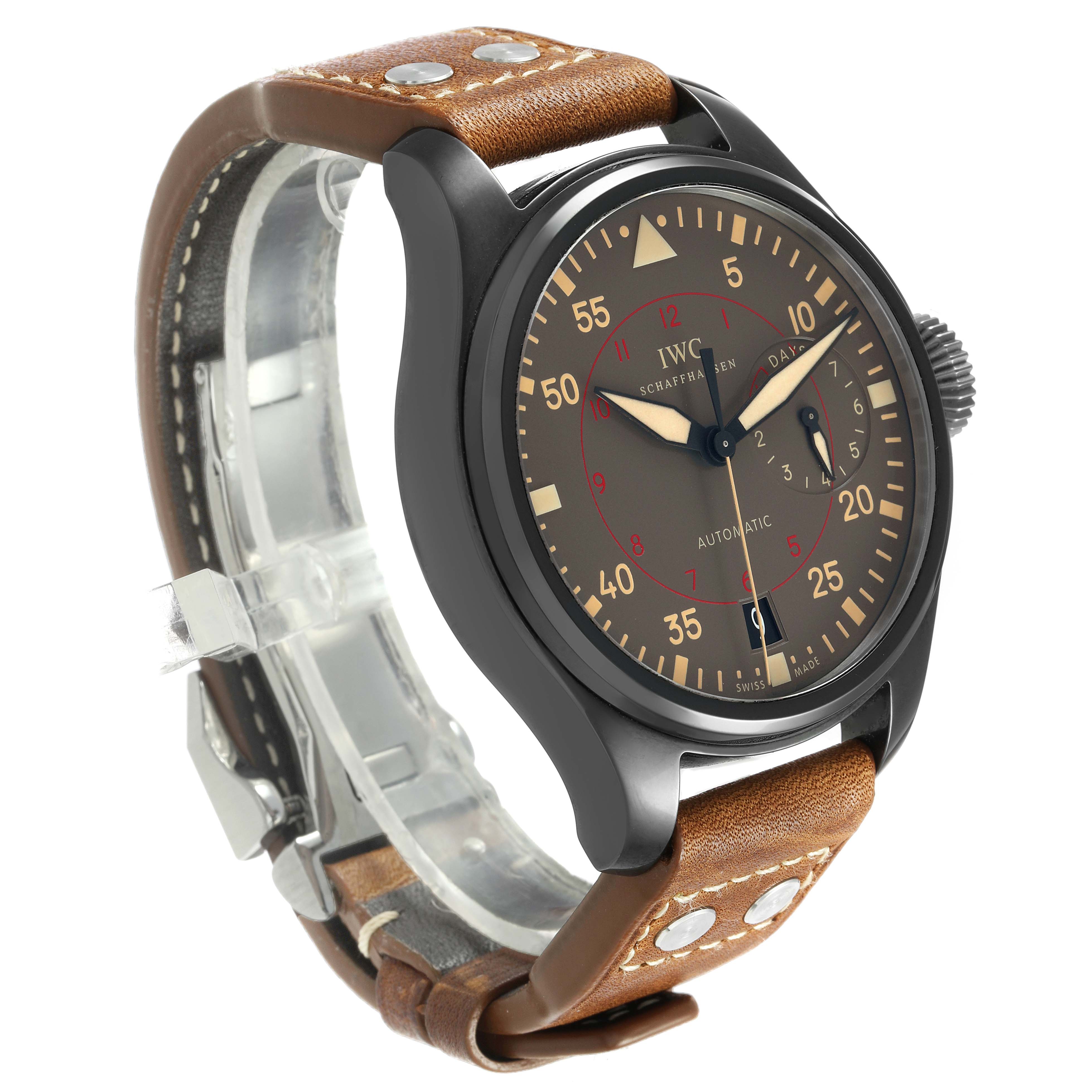 The IWC Pilot IW501902 Men's Ceramic Grey Dial model watch is shown at a three-quarter angle, displaying the dial, bezel, case, and strap with rivet details.