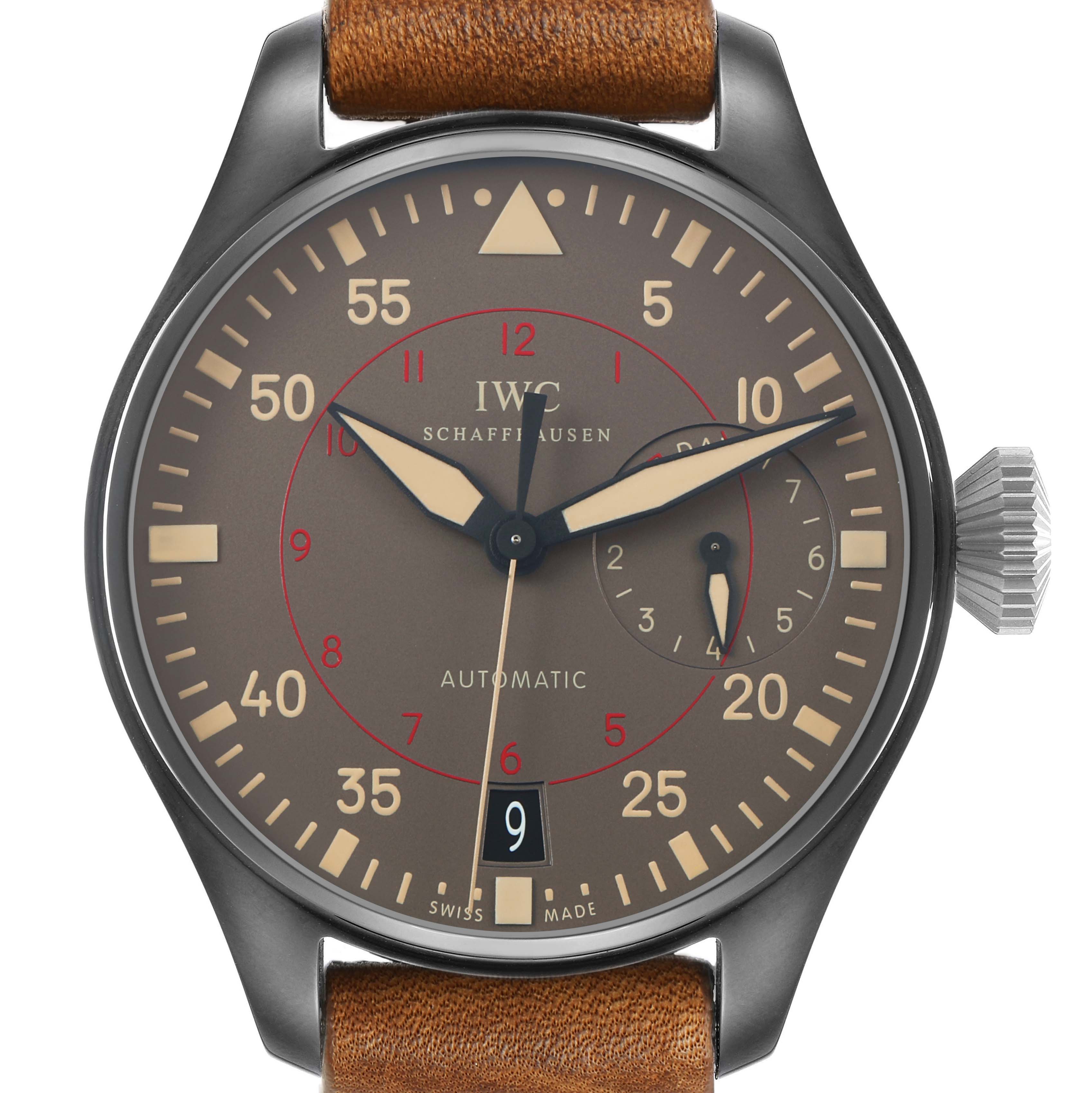 The IWC Pilot IW501902 Men's Ceramic Grey Dial watch is shown from a front view, highlighting its dial, hands, and crown with a brown leather strap.