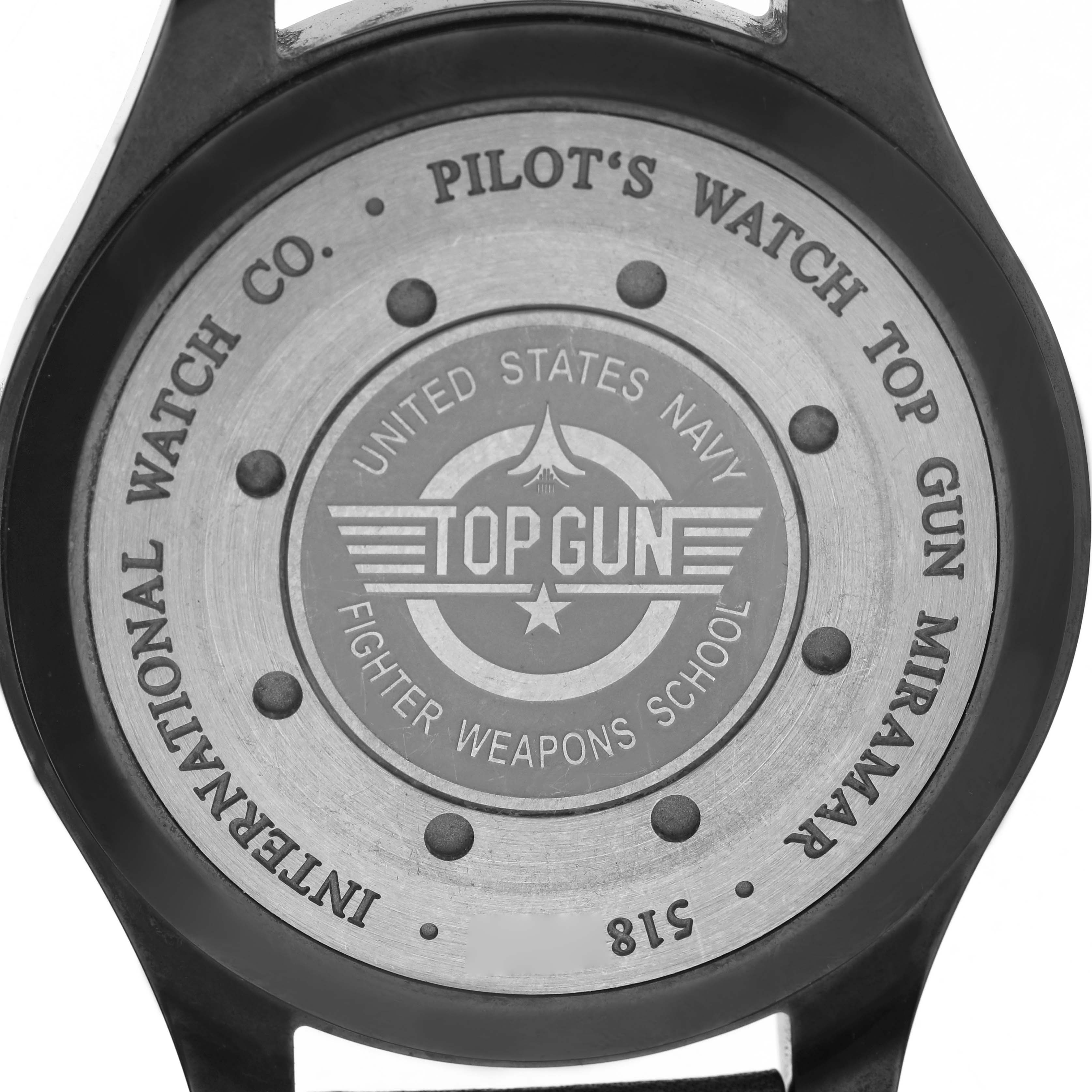 The image shows the case back of the IWC Pilot IW501902 Men's Ceramic Grey Dial's Watch Top Gun Miramar, featuring engraved details.