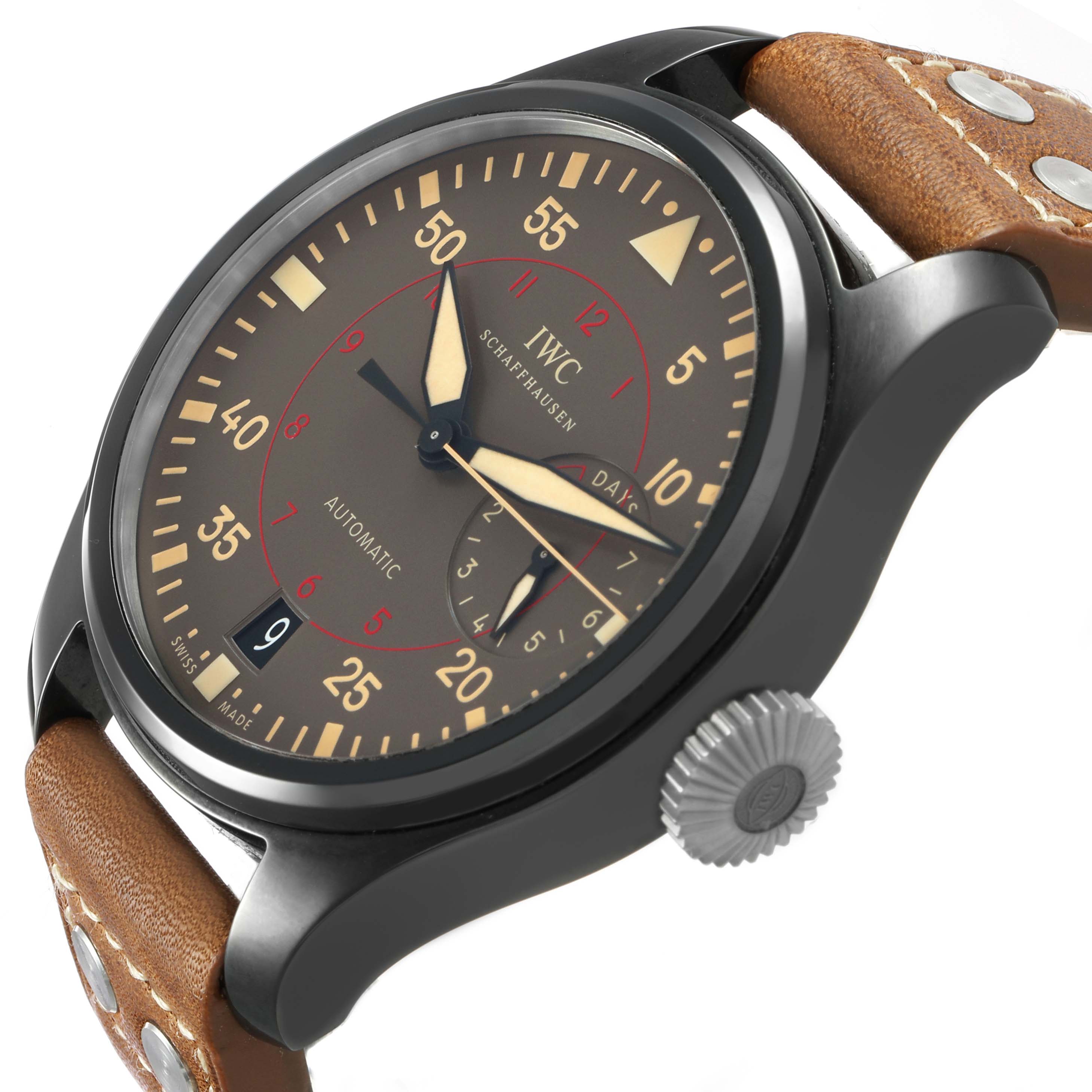 The image shows an angled side view of the IWC Pilot IW501902 Men's Ceramic Grey Dial watch, highlighting the dial, crown, and leather strap.