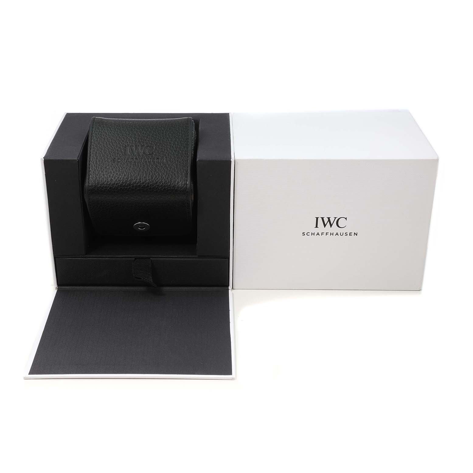 The image shows an IWC Pilot IW501902 Men's Ceramic Grey Dial model watch box and packaging from a front angle, including a leather case and a booklet.