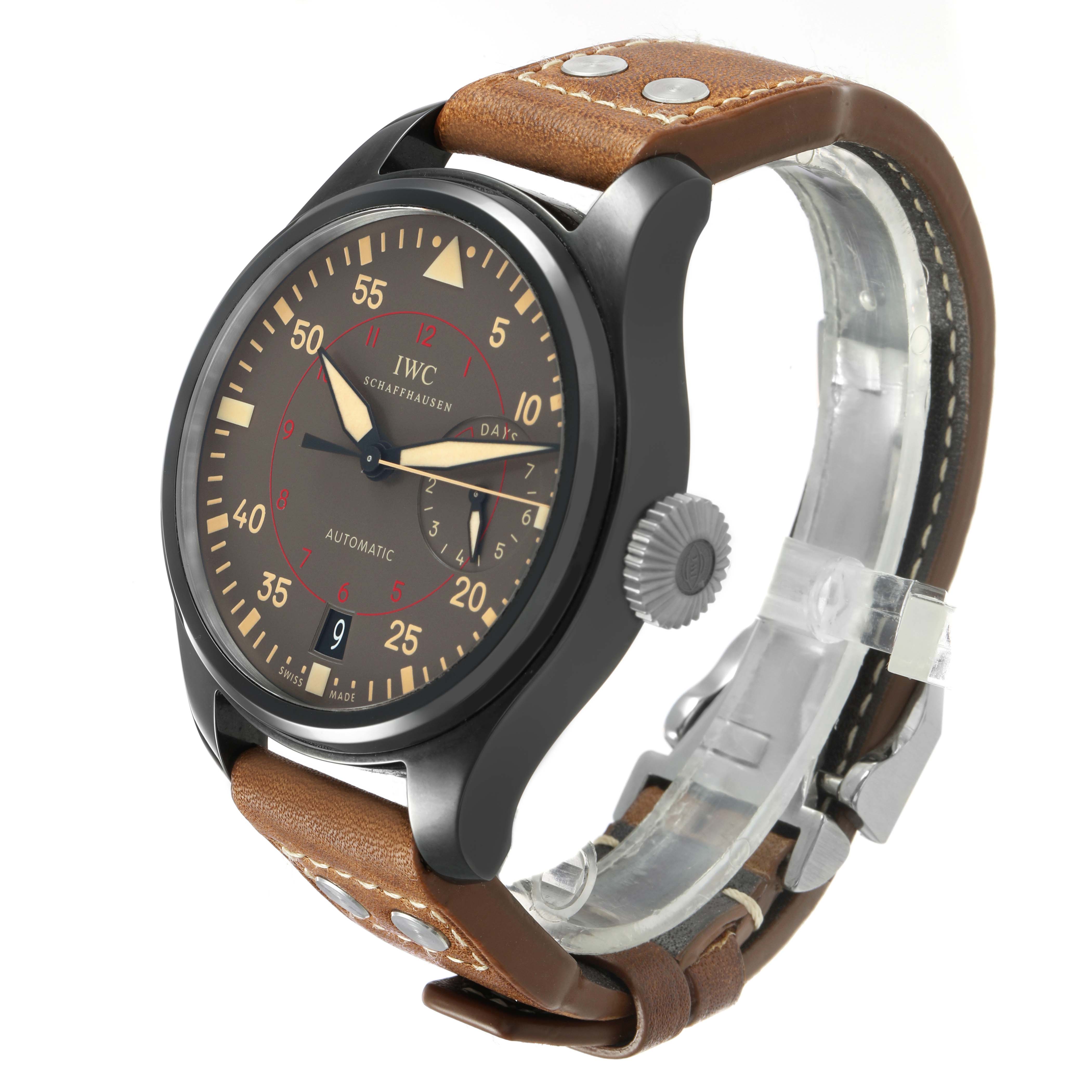 The IWC Pilot IW501902 Men's Ceramic Grey Dial watch is shown from a front-side angle, highlighting the dial, case, crown, and leather strap.