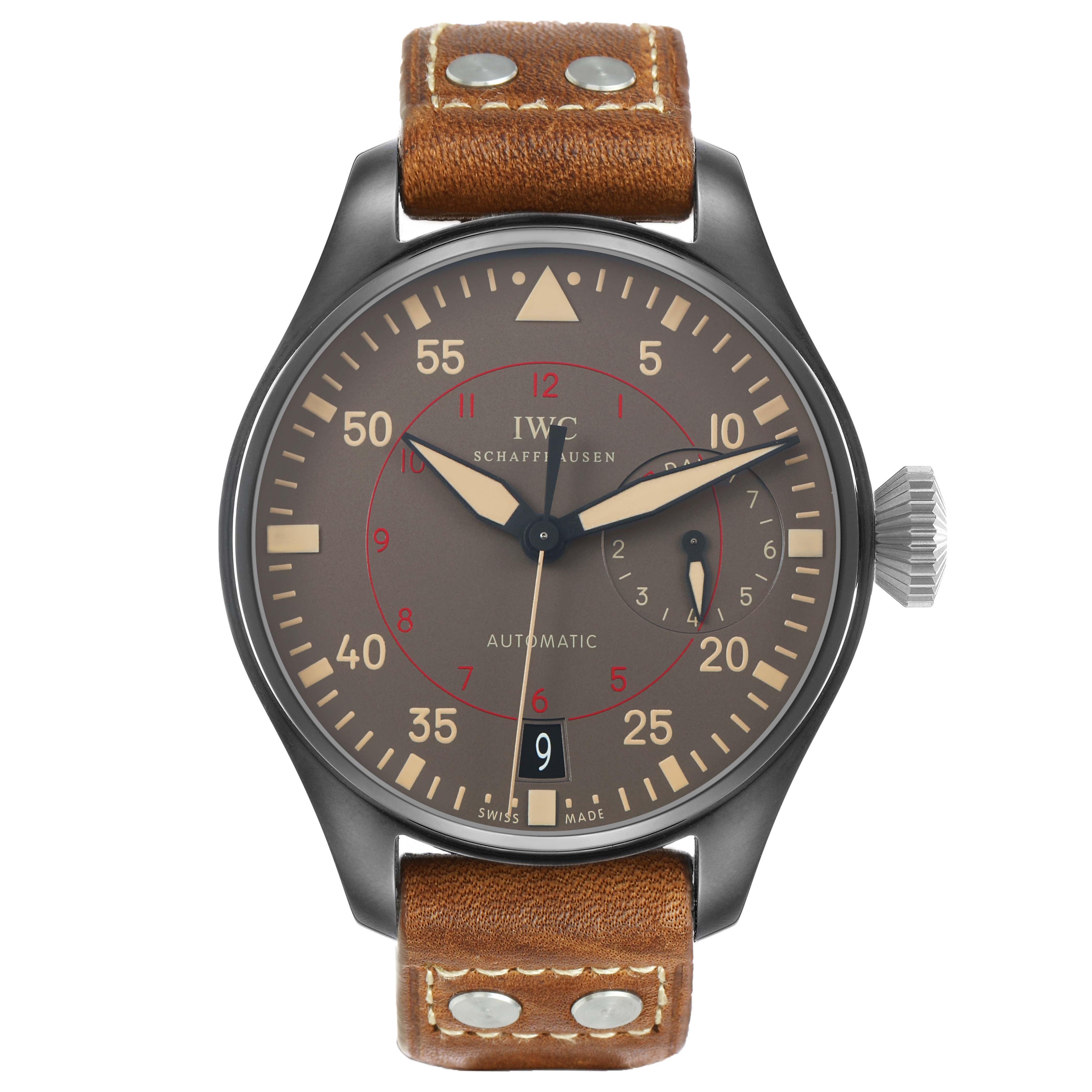 The IWC Pilot IW501902 Men's Ceramic Grey Dial watch is shown from a front view, displaying the dial, brown leather strap, and side crown.