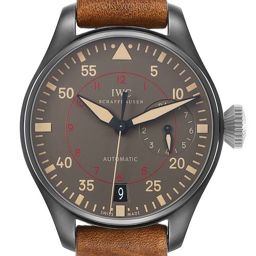 The IWC Pilot IW501902 Men's Ceramic Grey Dial model watch is shown from the front, displaying its dial, hands, crown, and part of the strap.
