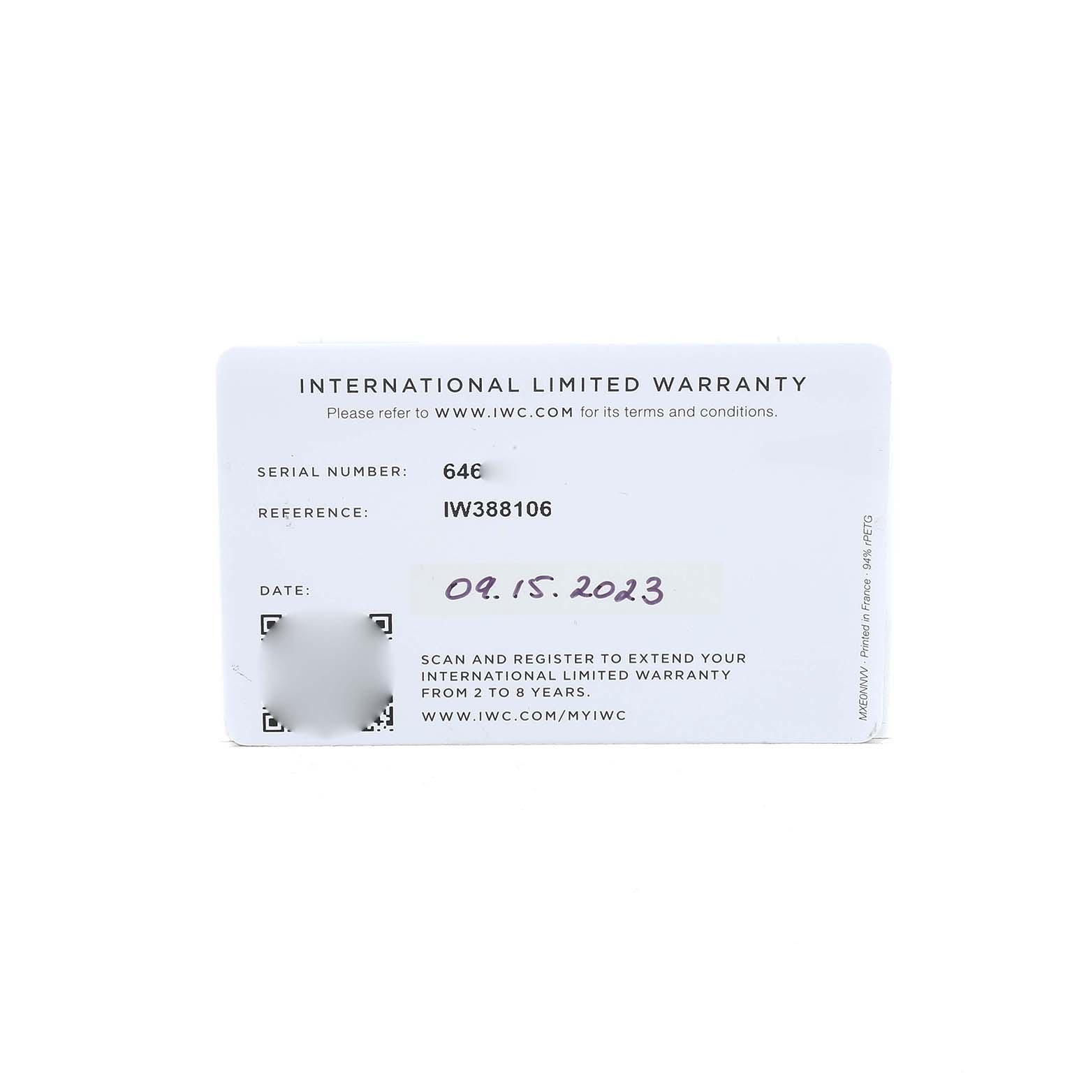 The image shows an IWC Pilot IW388106 Men's Titanium Black Dial model International Limited Warranty card with details like serial and reference numbers.