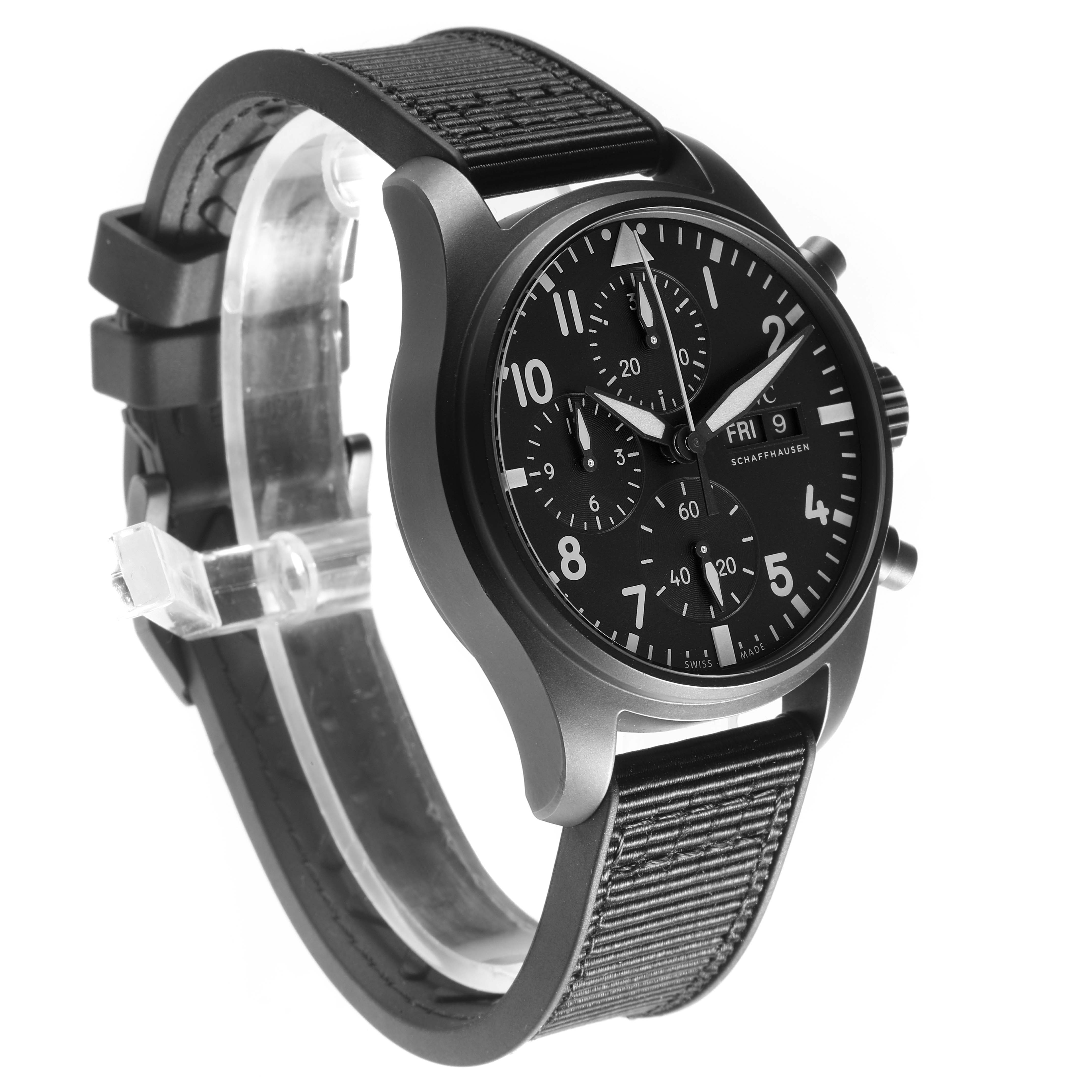 The IWC Pilot IW388106 Men's Titanium Black Dial model watch is shown at a three-quarter angle, highlighting the face, strap, chronograph dials, and crown.