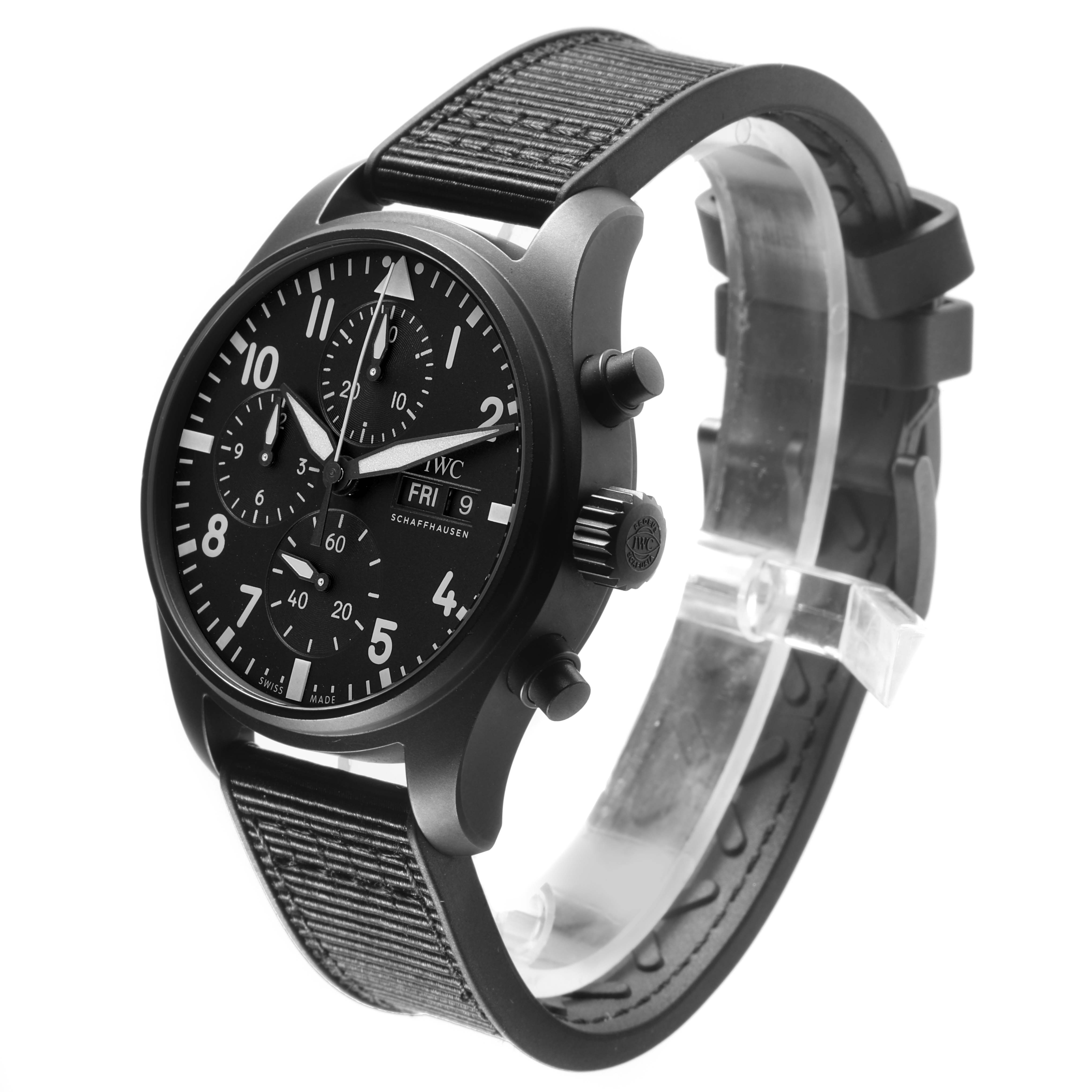 The IWC Pilot IW388106 Men's Titanium Black Dial watch is shown at a three-quarter angle, highlighting the face, crown, pushers, and textured strap.