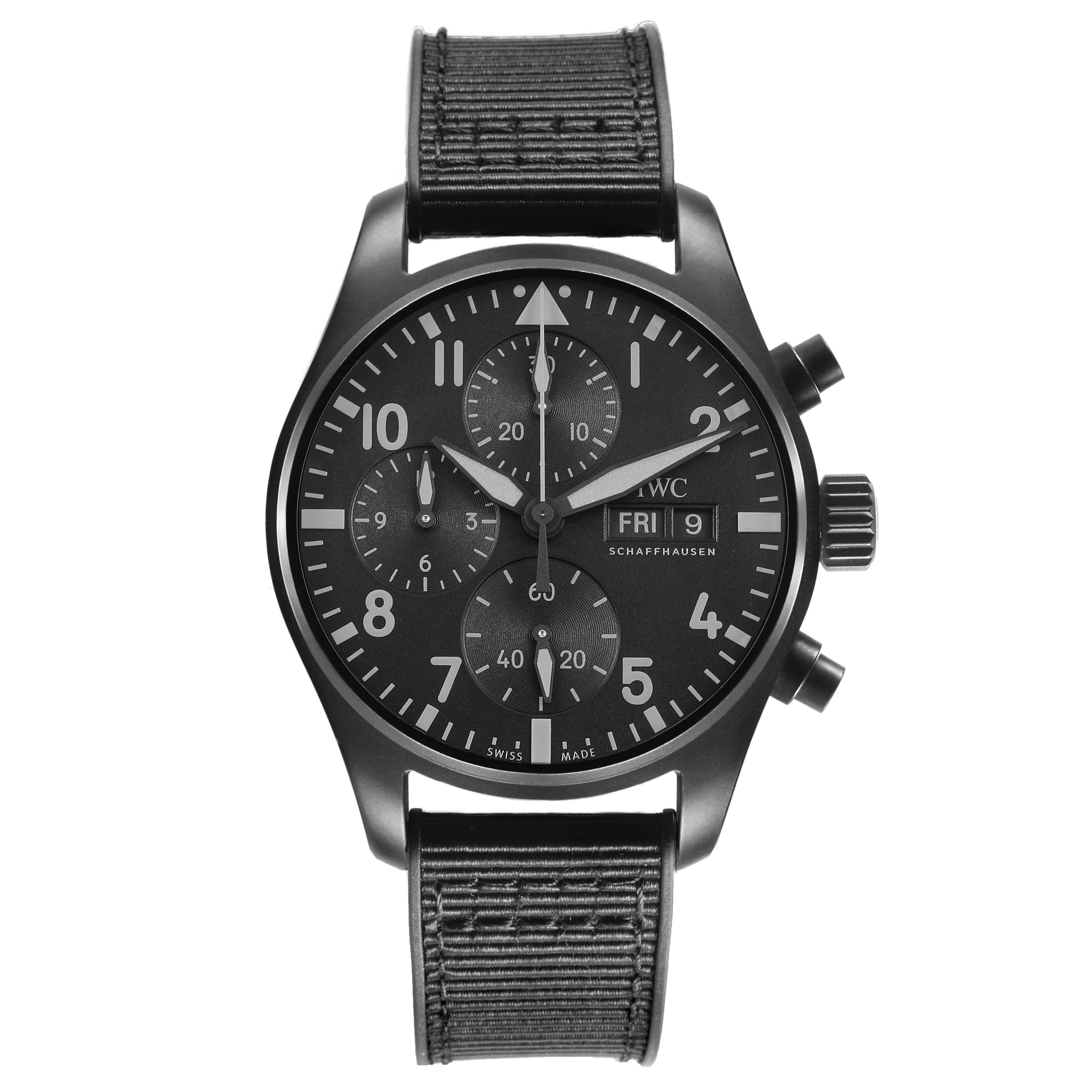 The IWC Pilot IW388106 Men's Titanium Black Dial model watch is shown from the front, displaying its face, strap, and side pushers.