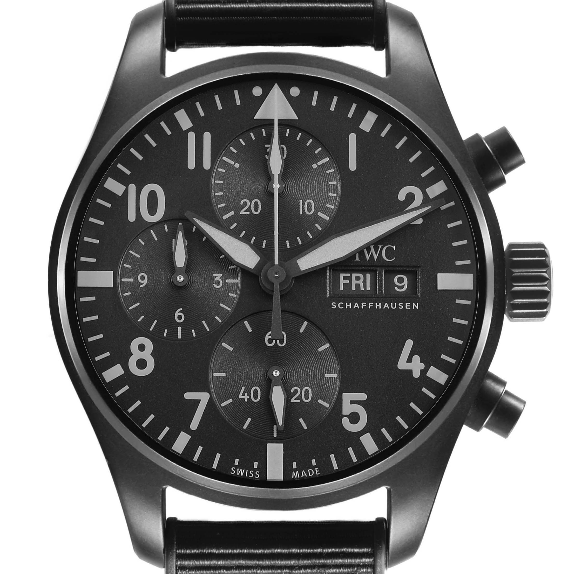 The image shows a front view of the IWC Pilot IW388106 Men's Titanium Black Dial watch, highlighting the dial, subdials, crown, and pushers.