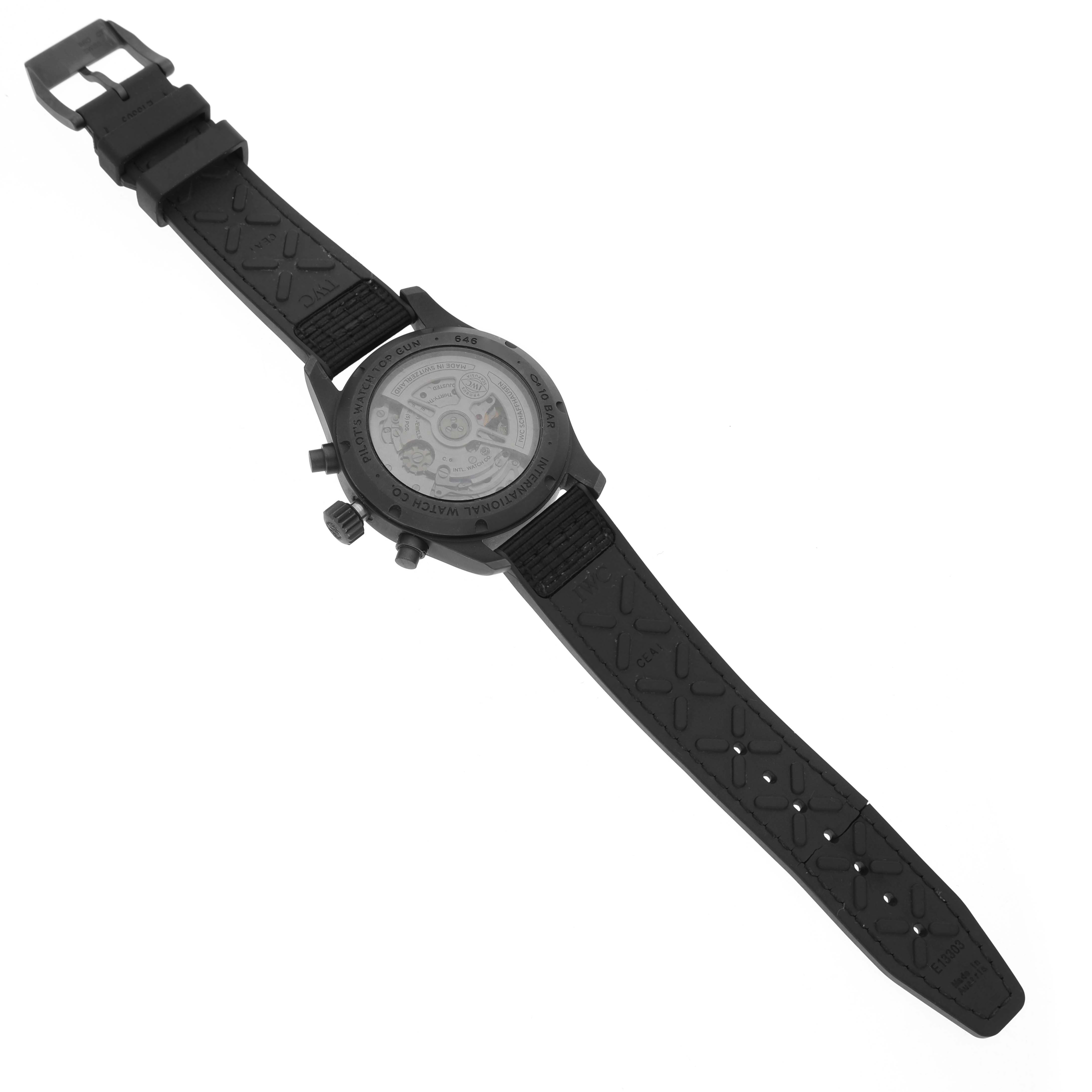 The IWC Pilot IW388106 Men's Titanium Black Dial model watch is shown from the back, highlighting the case back, strap, and buckle.