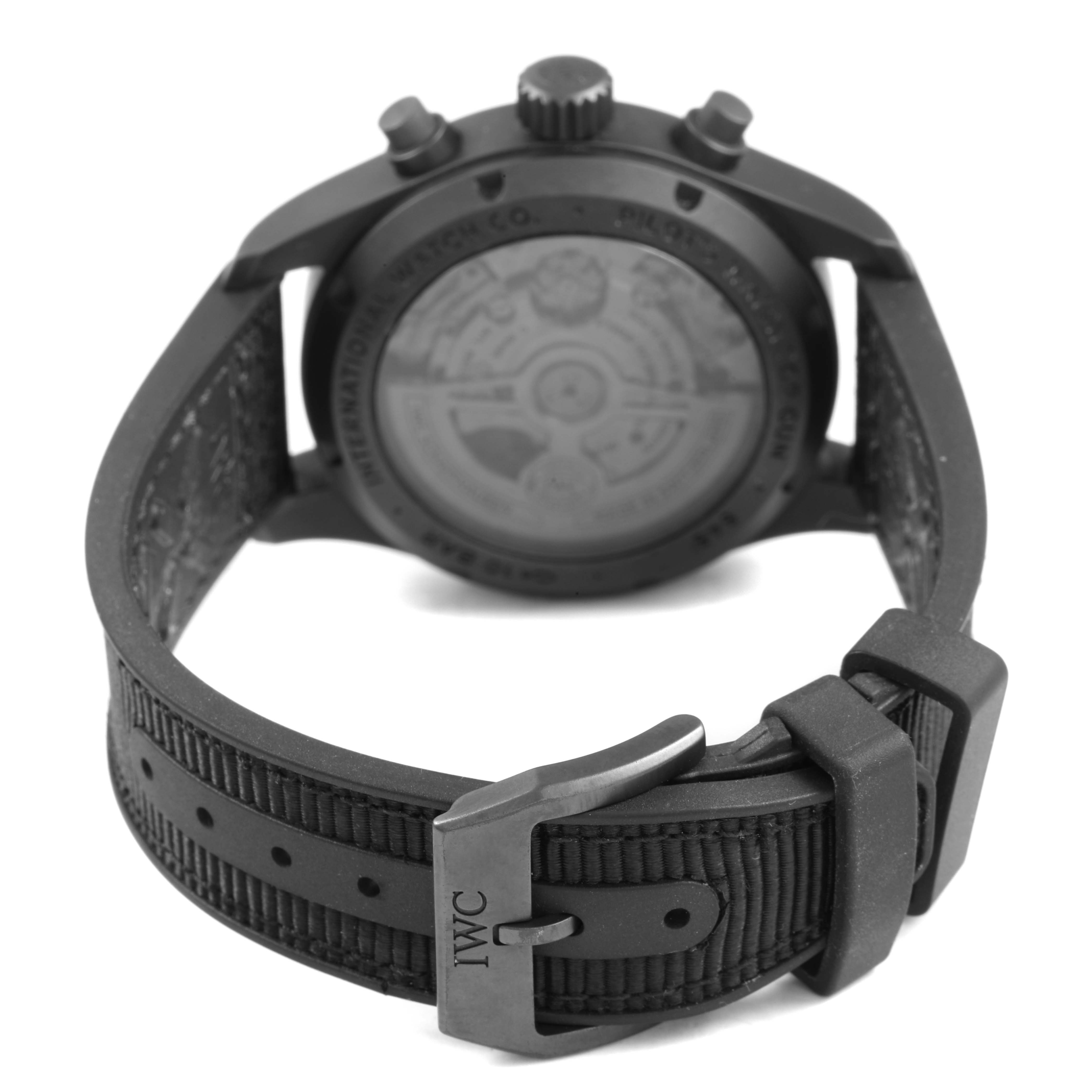 The IWC Pilot IW388106 Men's Titanium Black Dial watch is shown from the back, displaying the case back, strap, and buckle.