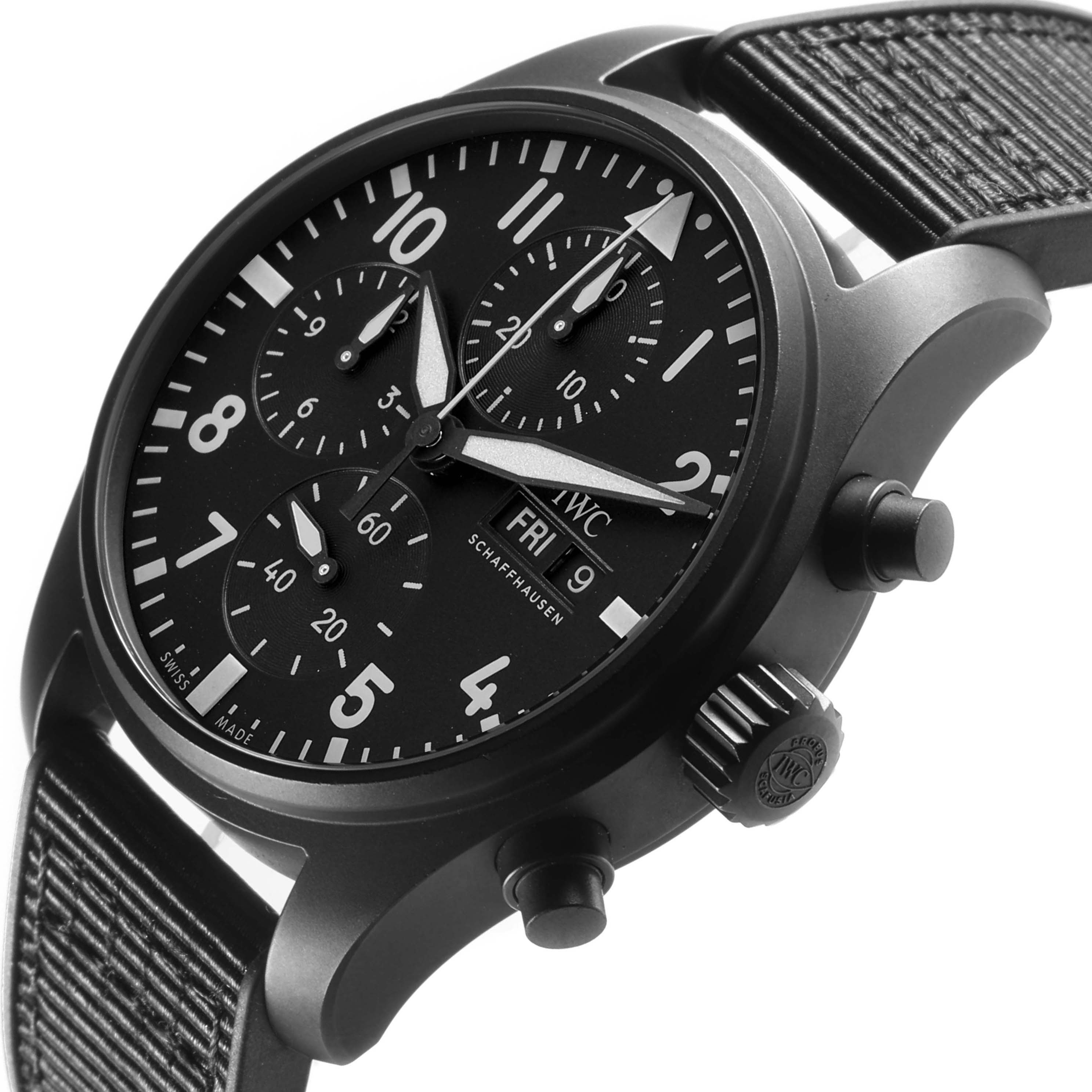 The IWC Pilot IW388106 Men's Titanium Black Dial watch is shown from a three-quarter angle displaying its chronograph face, crown, pushers, and textured strap.