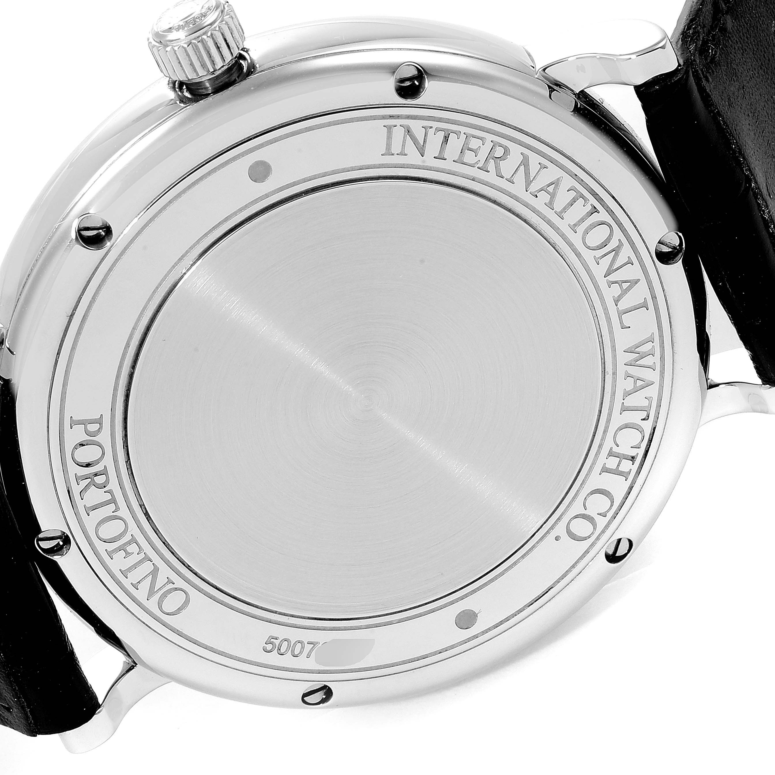 The image shows the back of an IWC Portofino IW356502 Men
s Stainless Steel Silver Dial IW356502 Men
s Stainless Steel Silver Dial watch, displaying the case back, crown, and part of the strap.