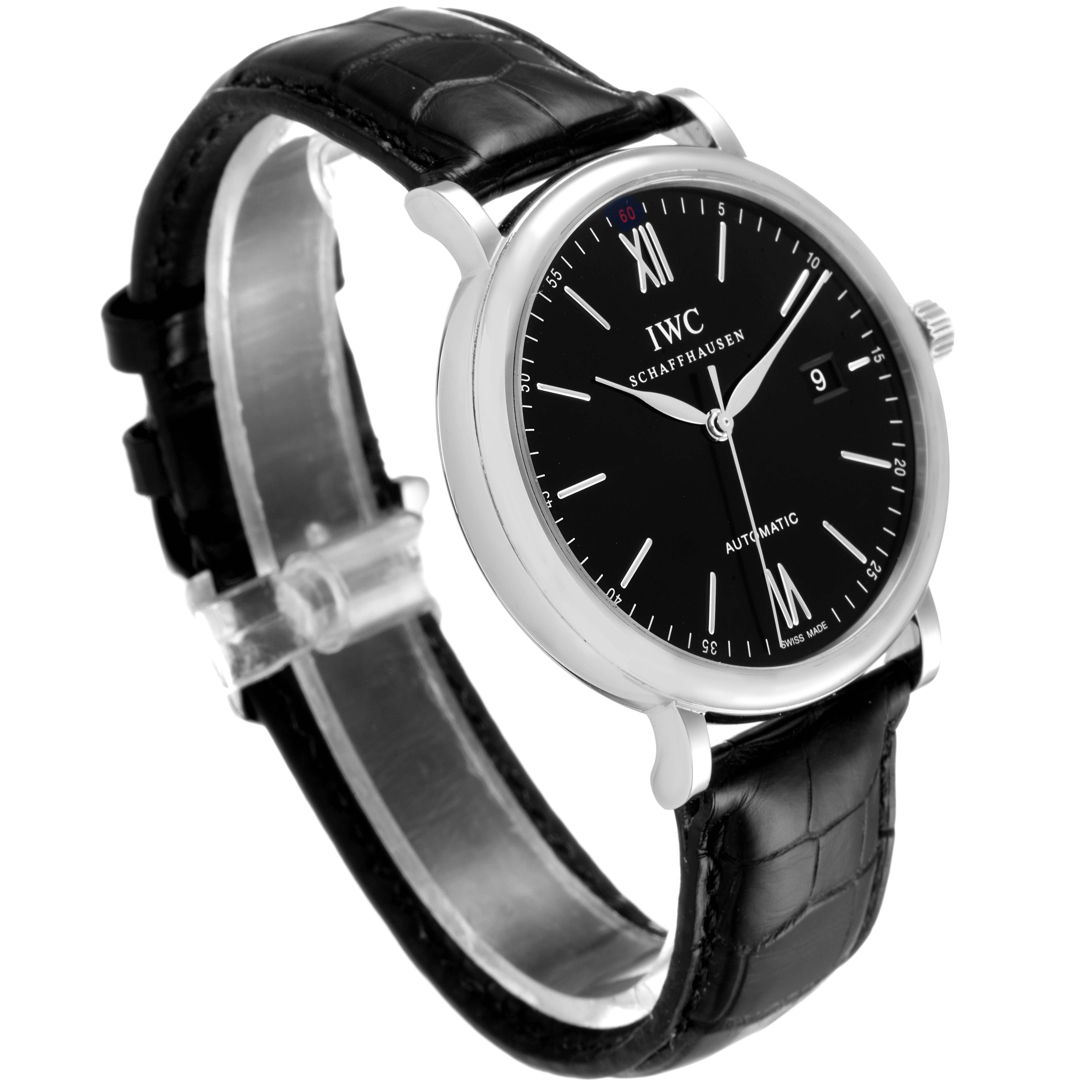 The image shows a side view of the IWC Portofino IW356502 Men
s Stainless Steel Silver Dial IW356502 Men
s Stainless Steel Silver Dial watch, highlighting its black dial, silver case, and black leather strap.