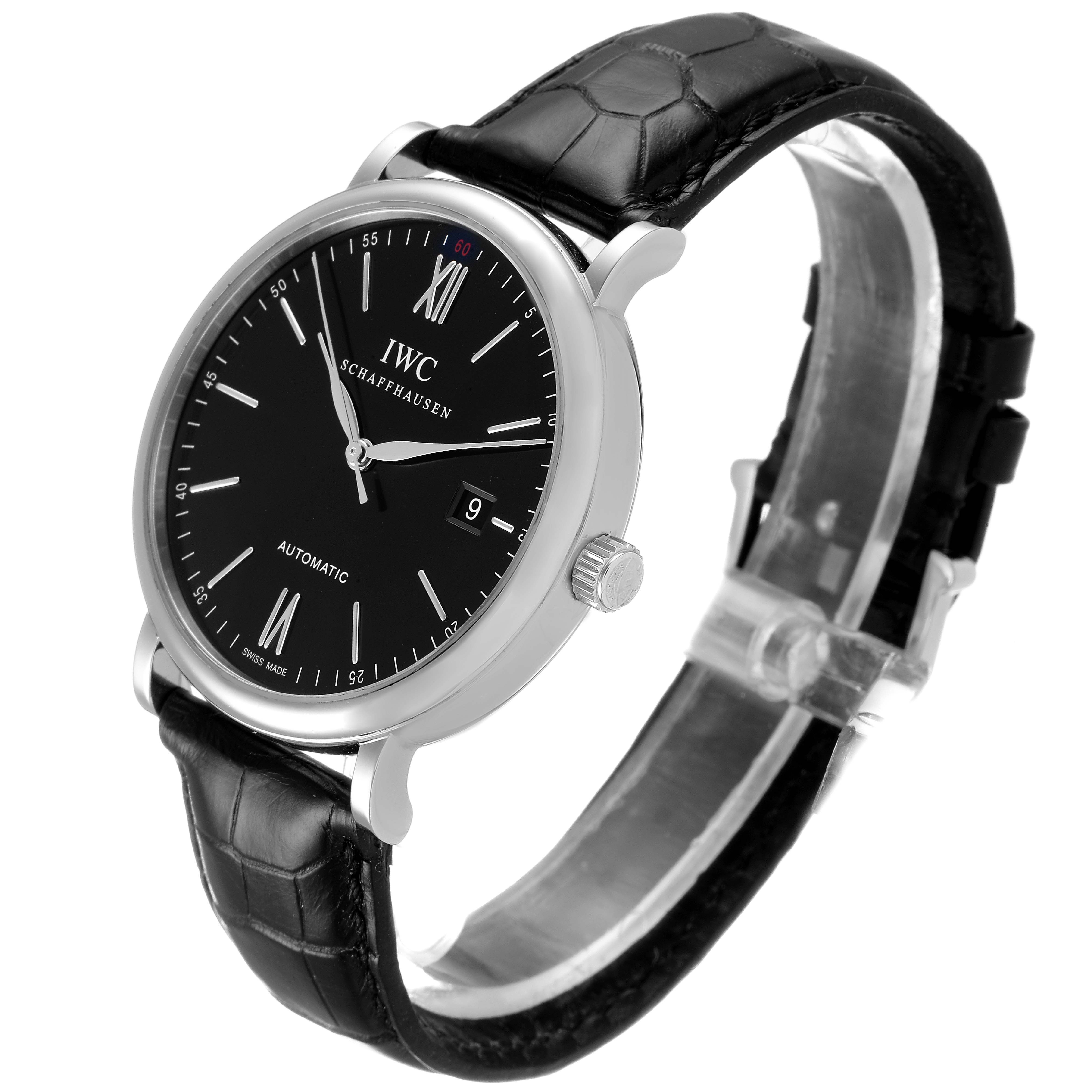 The IWC Portofino IW356502 Men
s Stainless Steel Silver Dial IW356502 Men
s Stainless Steel Silver Dial watch is shown at a slight angle, highlighting its black dial, Roman numerals, date window, and leather strap.