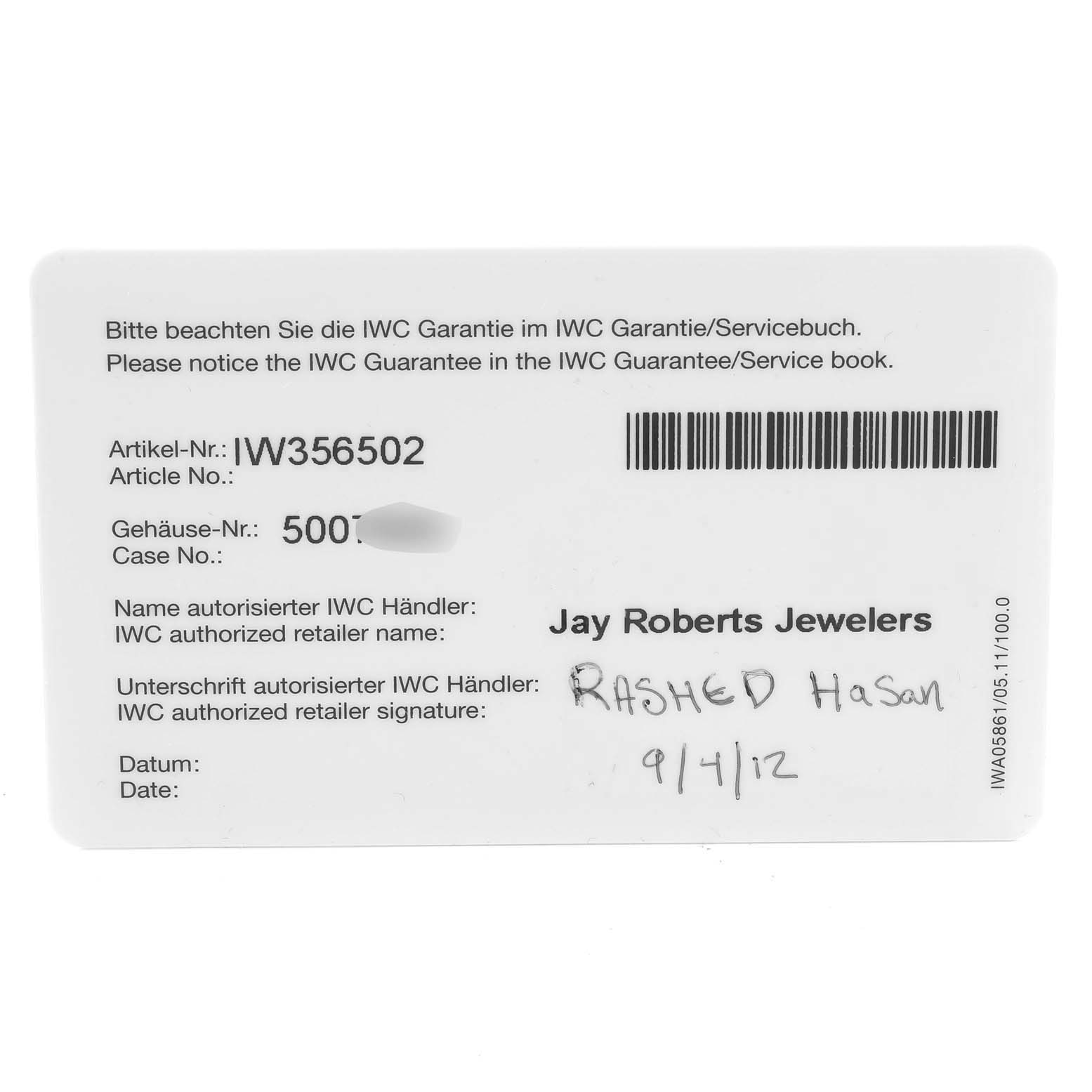 The image shows a warranty card for the IWC Portofino IW356502 Men
s Stainless Steel Silver Dial IW356502 Men
s Stainless Steel Silver Dial model with details like article number, case number, retailer name, and purchase date.