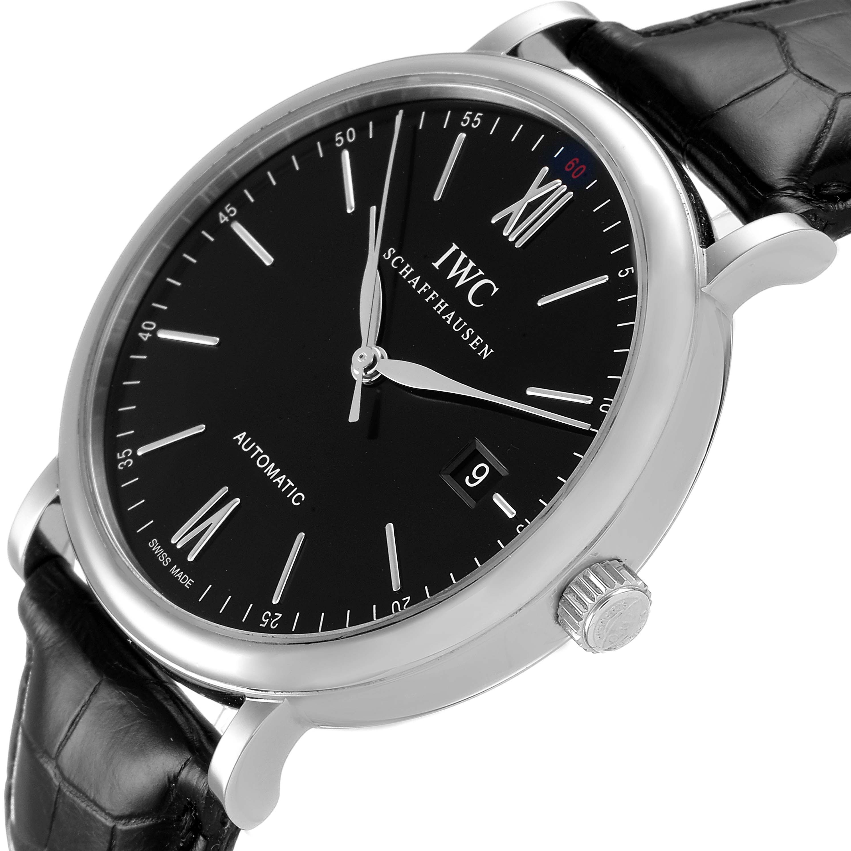 The image shows a side view of the IWC Portofino IW356502 Men
s Stainless Steel Silver Dial IW356502 Men
s Stainless Steel Silver Dial watch highlighting its black dial, date display, and crown.