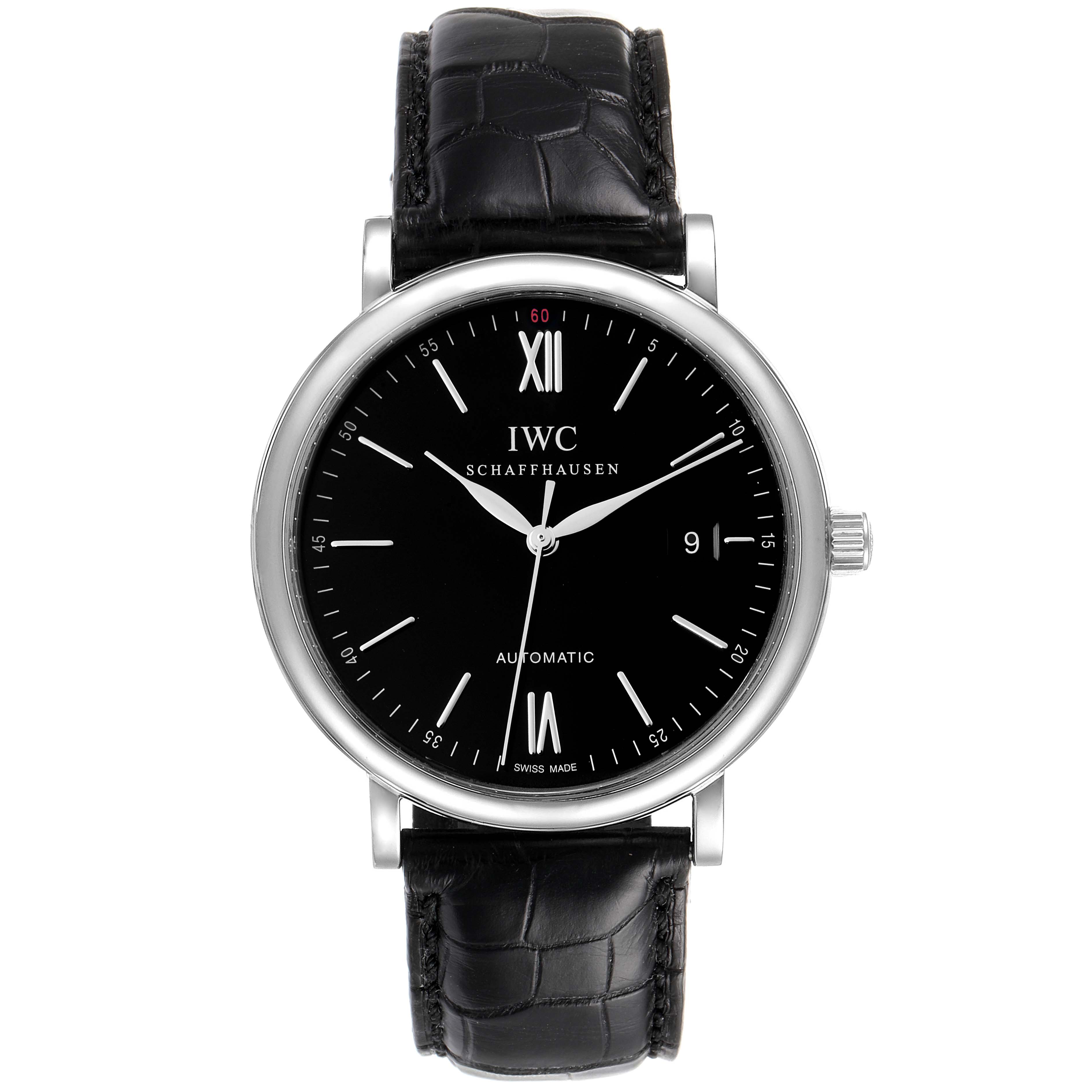 The image shows a front view of an IWC Portofino IW356502 Men
s Stainless Steel Silver Dial IW356502 Men
s Stainless Steel Silver Dial watch with a black dial and leather strap.