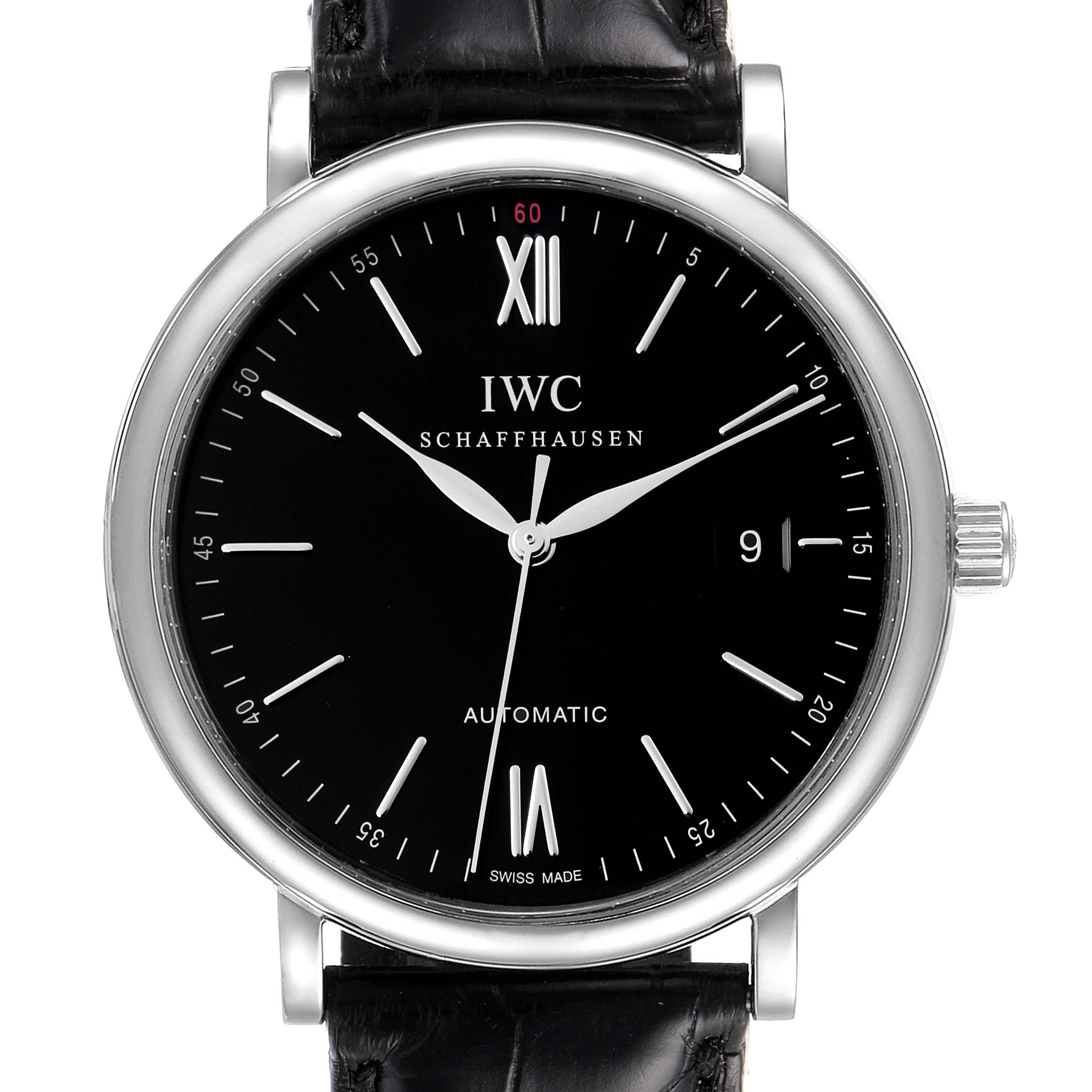 This IWC Portofino IW356502 Men
s Stainless Steel Silver Dial IW356502 Men
s Stainless Steel Silver Dial watch is shown from a front angle, displaying its black dial, Roman numerals, and leather strap.