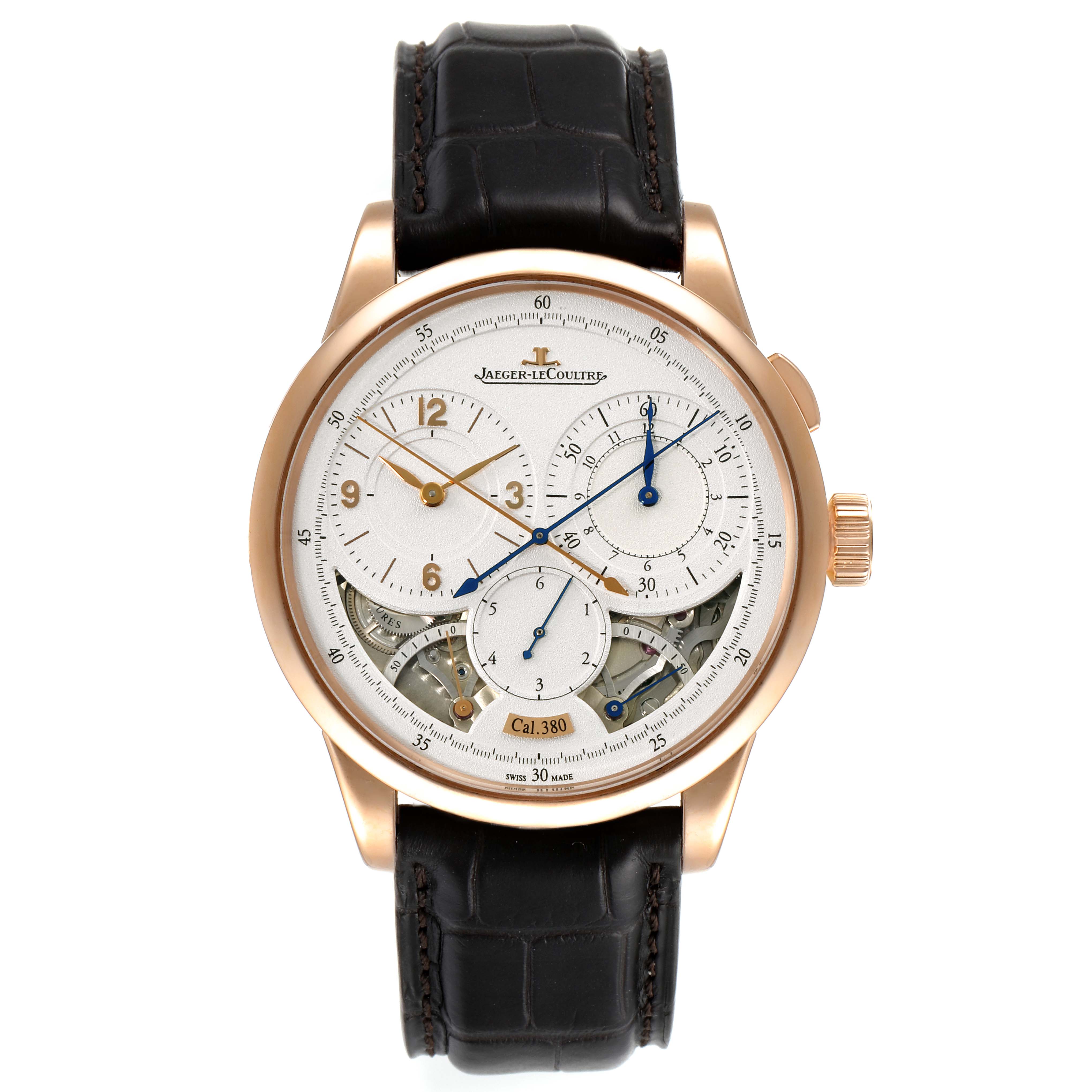 The Jaeger LeCoultre Duometre Q6012521 Men's Rose Gold Silver Dial Q6012521 Men's Rose Gold Silver Dial watch is shown from a front angle, displaying the dial, indices, and leather strap.