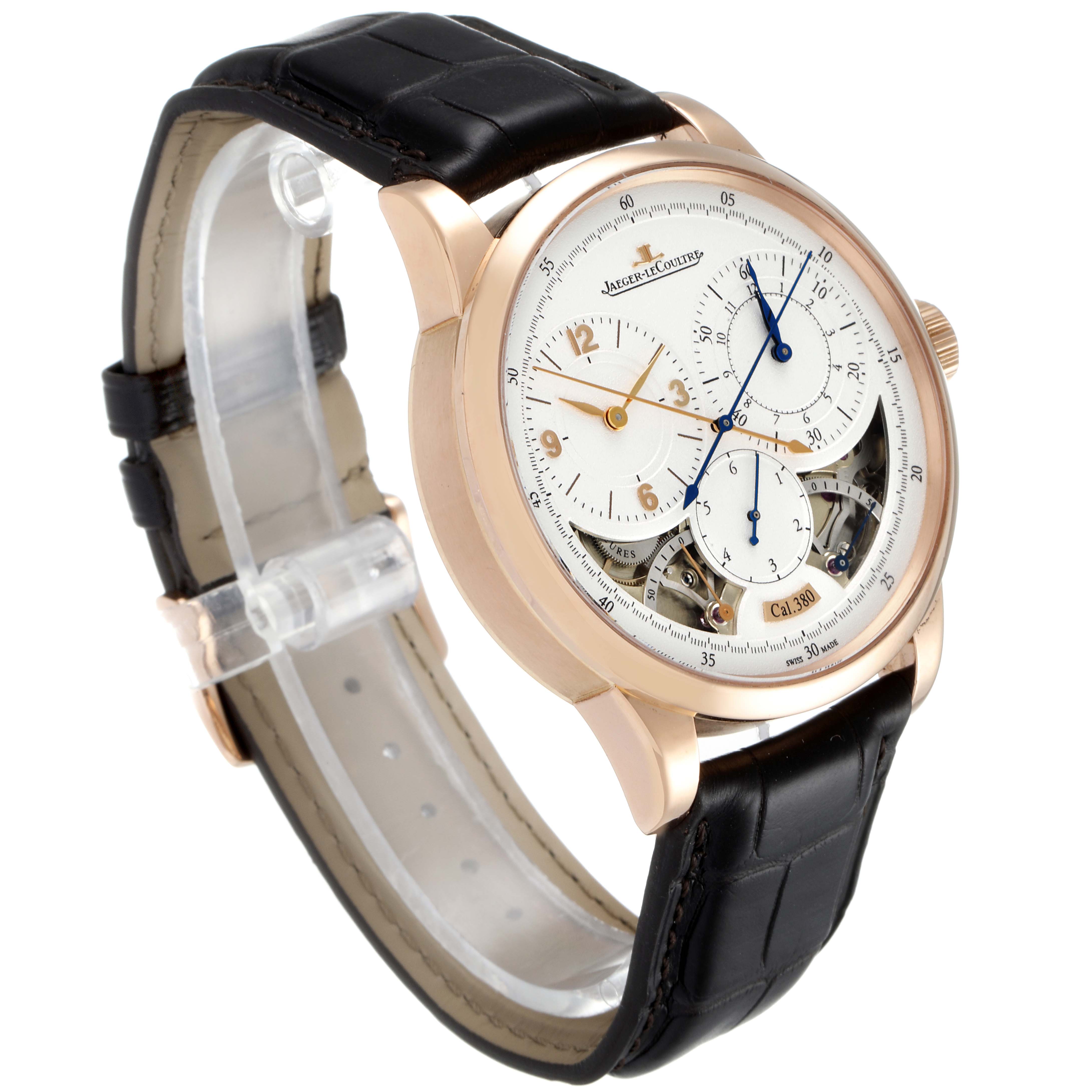 The image shows a Jaeger LeCoultre Duometre Q6012521 Men's Rose Gold Silver Dial Q6012521 Men's Rose Gold Silver Dial watch at a three-quarter angle, displaying the dial, case, and black leather strap.