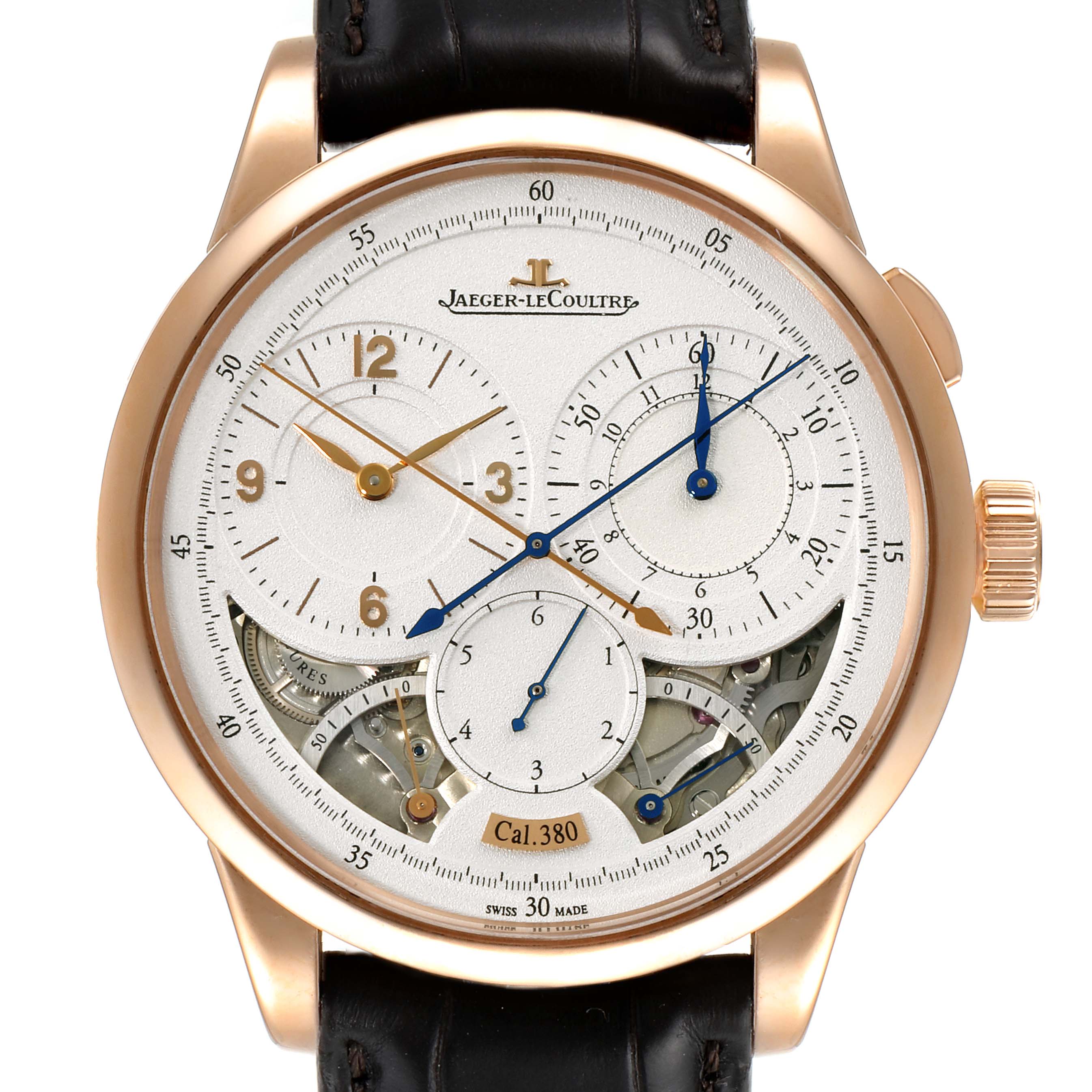The image shows a frontal close-up of a Jaeger LeCoultre Duometre Q6012521 Men's Rose Gold Silver Dial Q6012521 Men's Rose Gold Silver Dial watch, highlighting its dials, hands, and mechanical details.