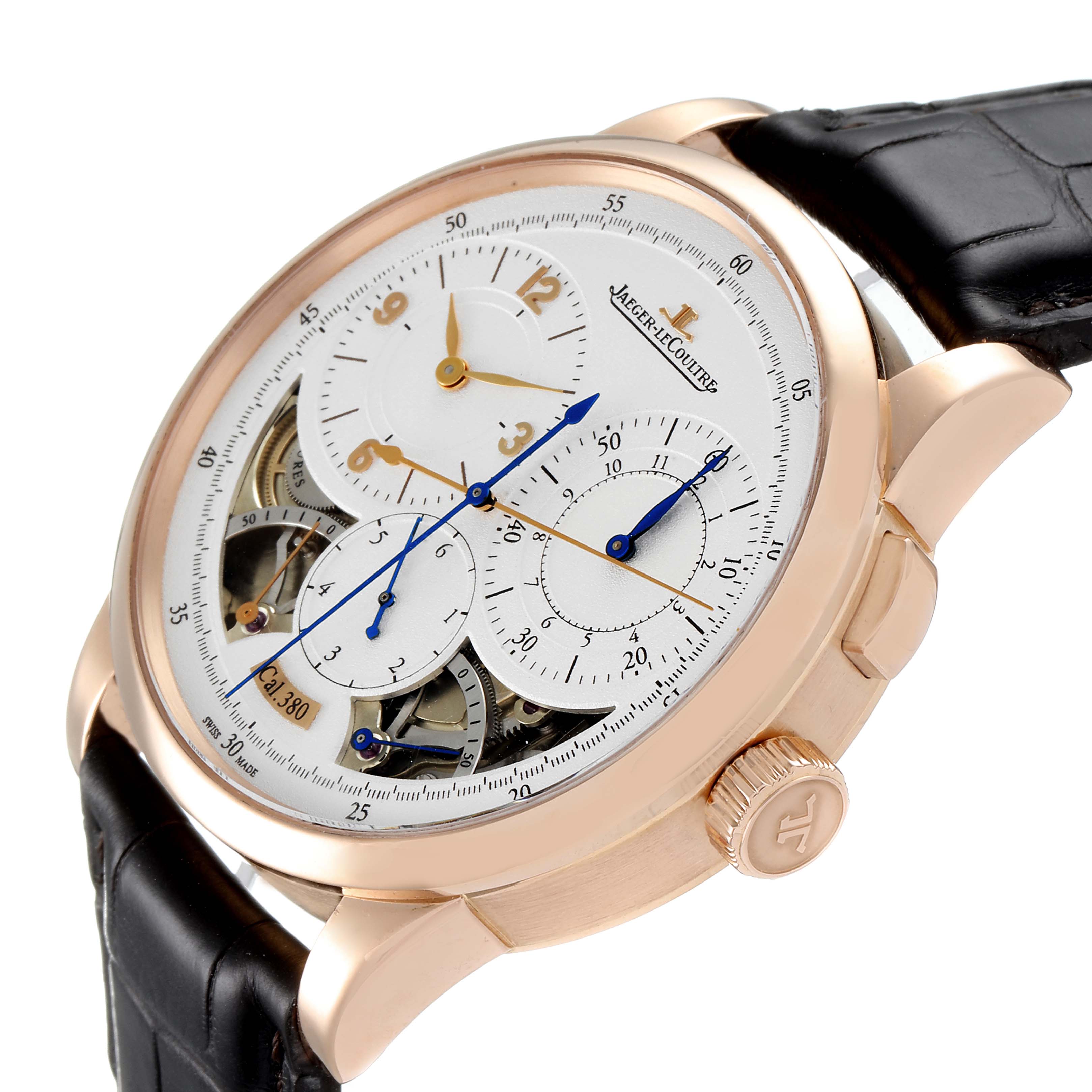 This image shows a side-angle view of the Jaeger LeCoultre Duometre Q6012521 Men's Rose Gold Silver Dial Q6012521 Men's Rose Gold Silver Dial watch, highlighting the dial, crown, and part of the strap.