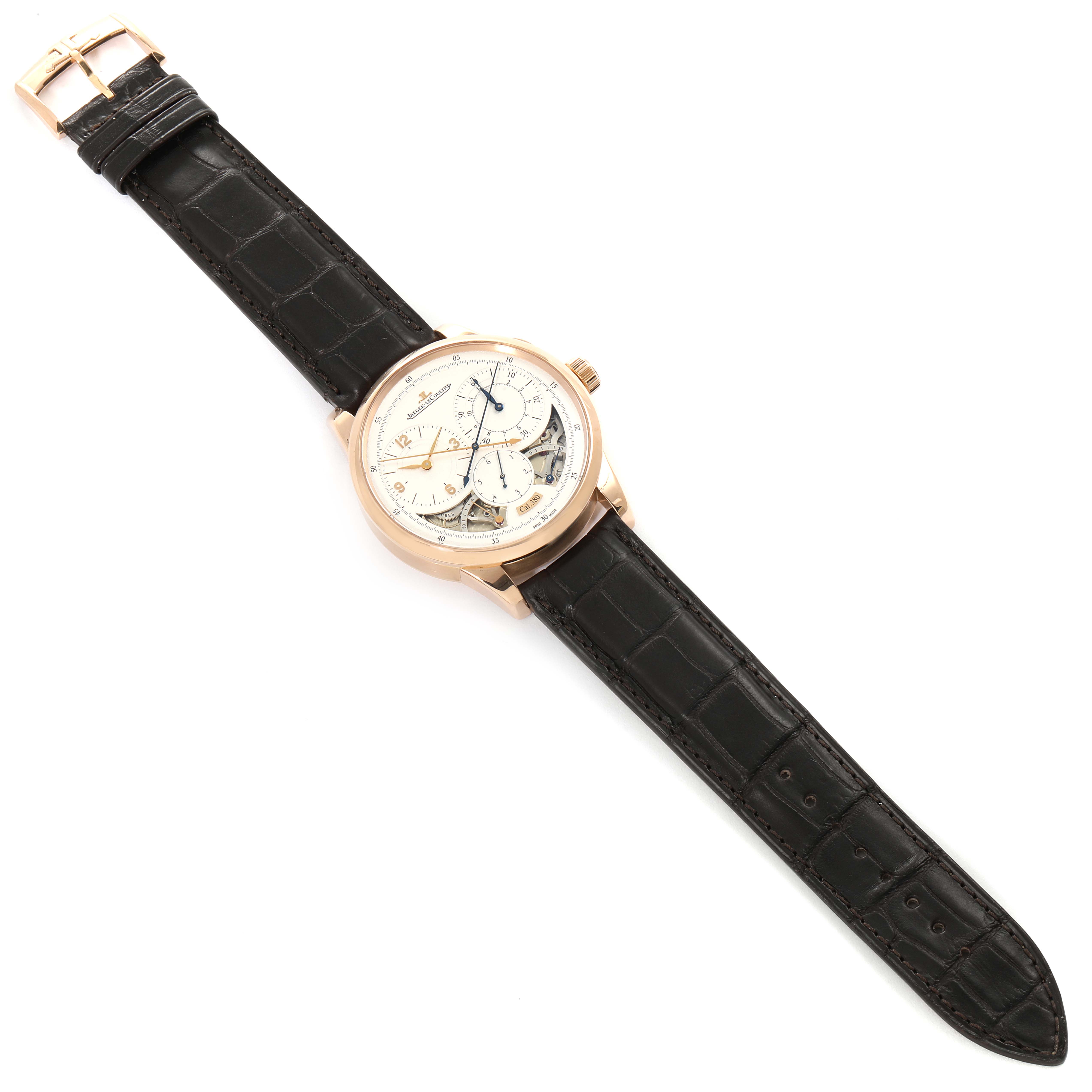 The image shows a Jaeger LeCoultre Duometre Q6012521 Men's Rose Gold Silver Dial Q6012521 Men's Rose Gold Silver Dial watch laid flat, displaying the face, case, crown, and black leather strap with a gold buckle.