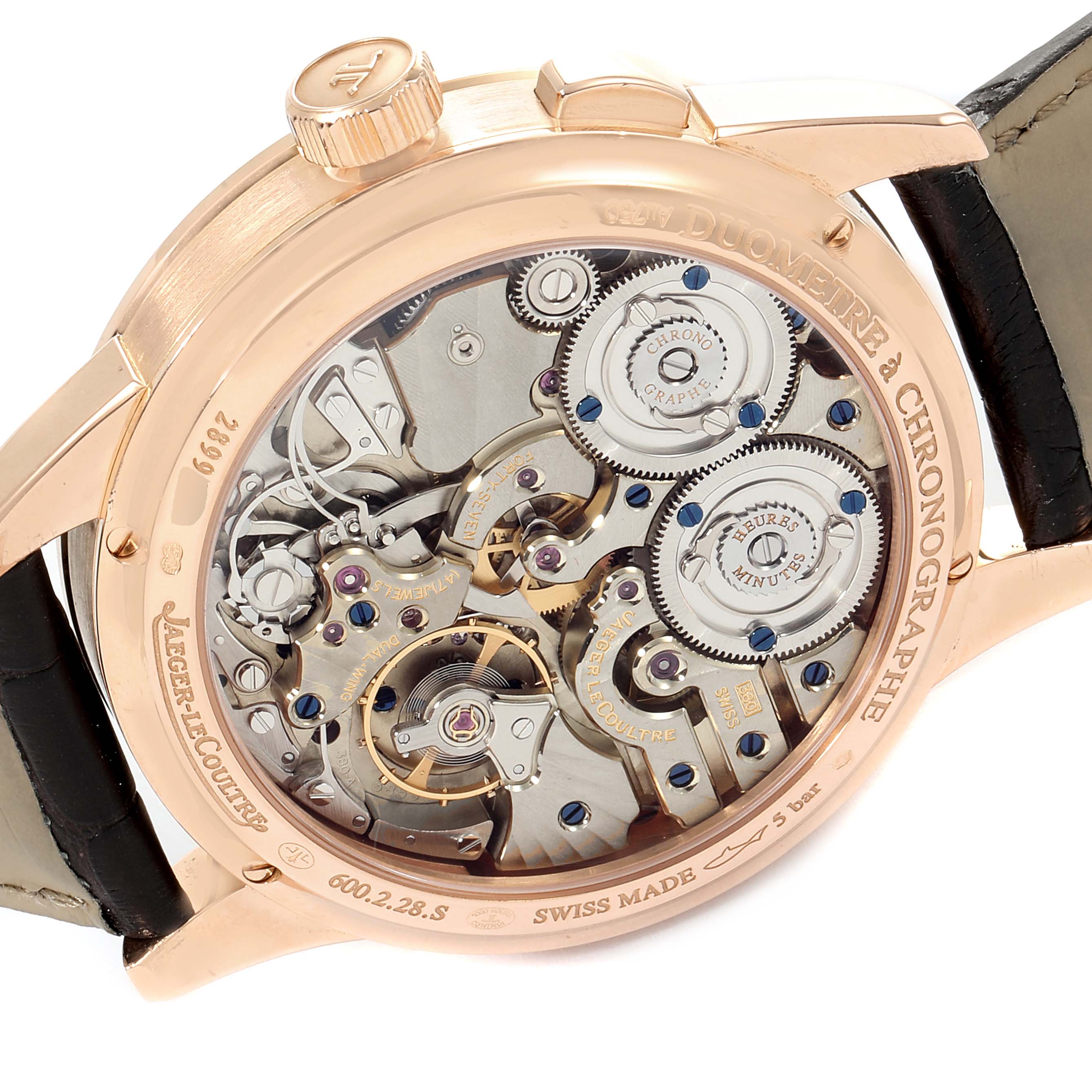 The image shows the back view of a Jaeger-LeCoultre Duometre model watch, highlighting its intricate movement and mechanical parts.