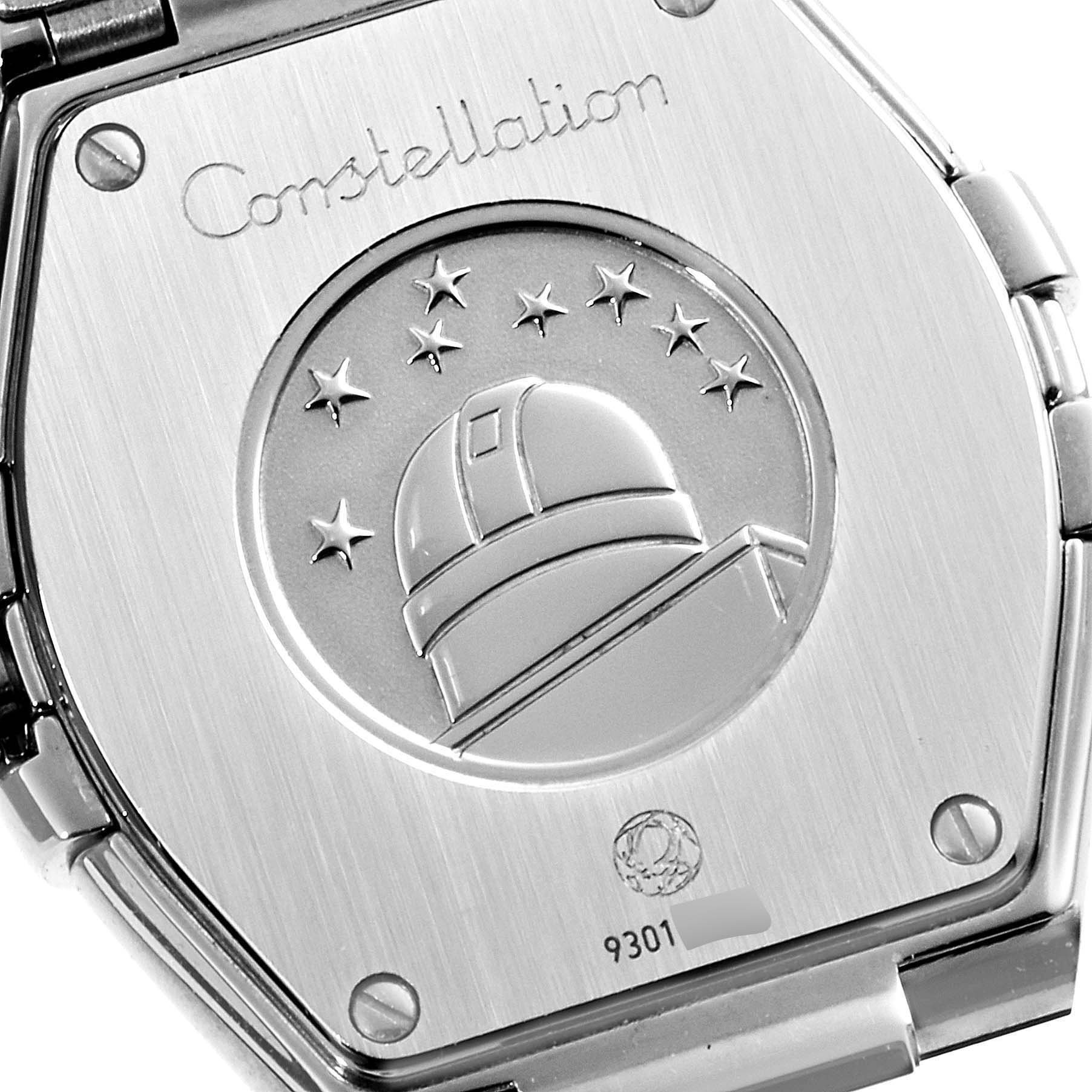 This image shows the back case of the Omega 123.10.27.60.52.001 Women
s Stainless Steel Silver Dial 123.10.27.60.52.001 Women
s Stainless Steel Silver Dial Constellation 27mm Diamond Steel Ladies Watch 123.10.27.60.52.001.