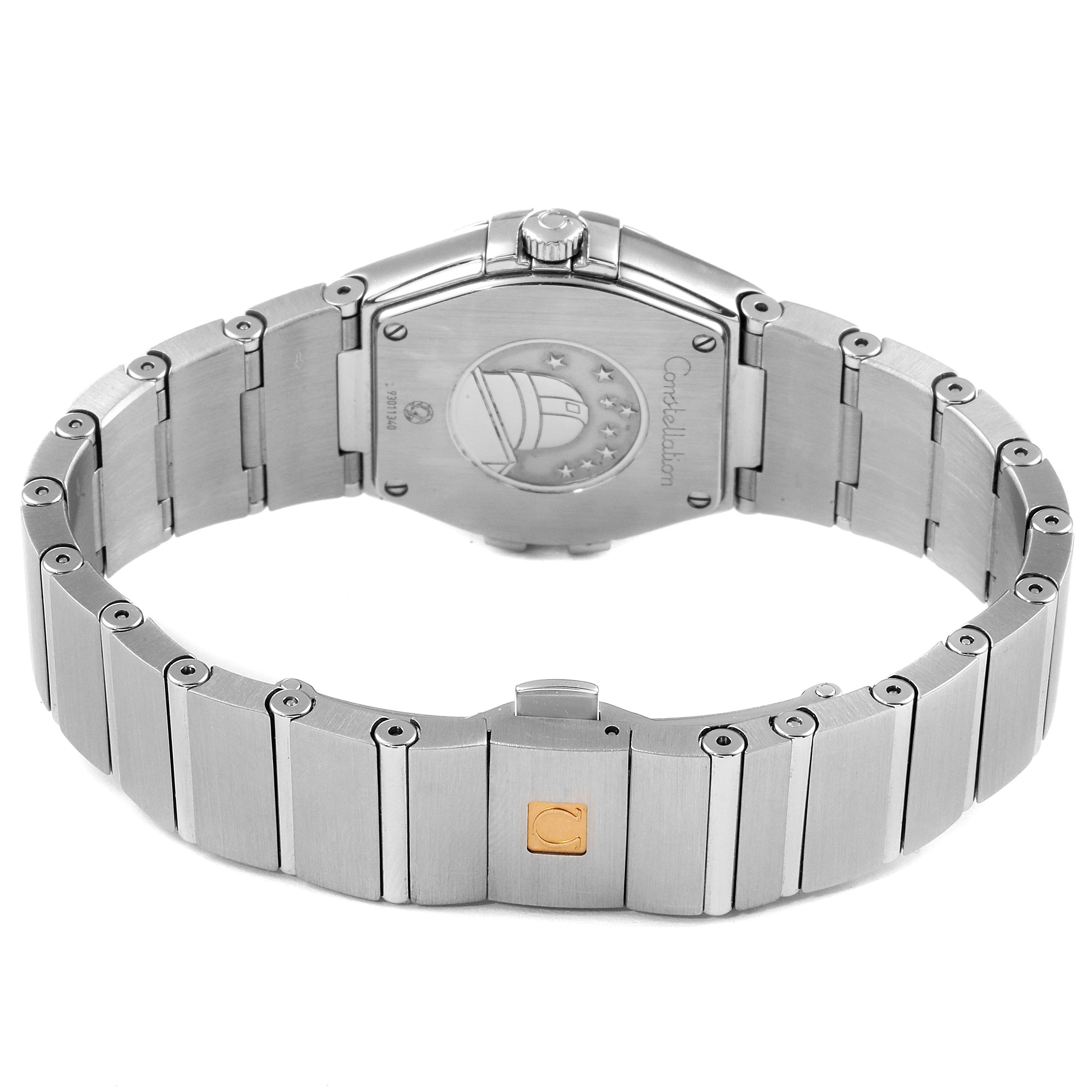 The image shows the back view of an Omega 123.10.27.60.52.001 Women
s Stainless Steel Silver Dial 123.10.27.60.52.001 Women
s Stainless Steel Silver Dial Constellation 27mm Diamond Steel Ladies Watch 123.10.27.60.52.001, highlighting its bracelet and case back.