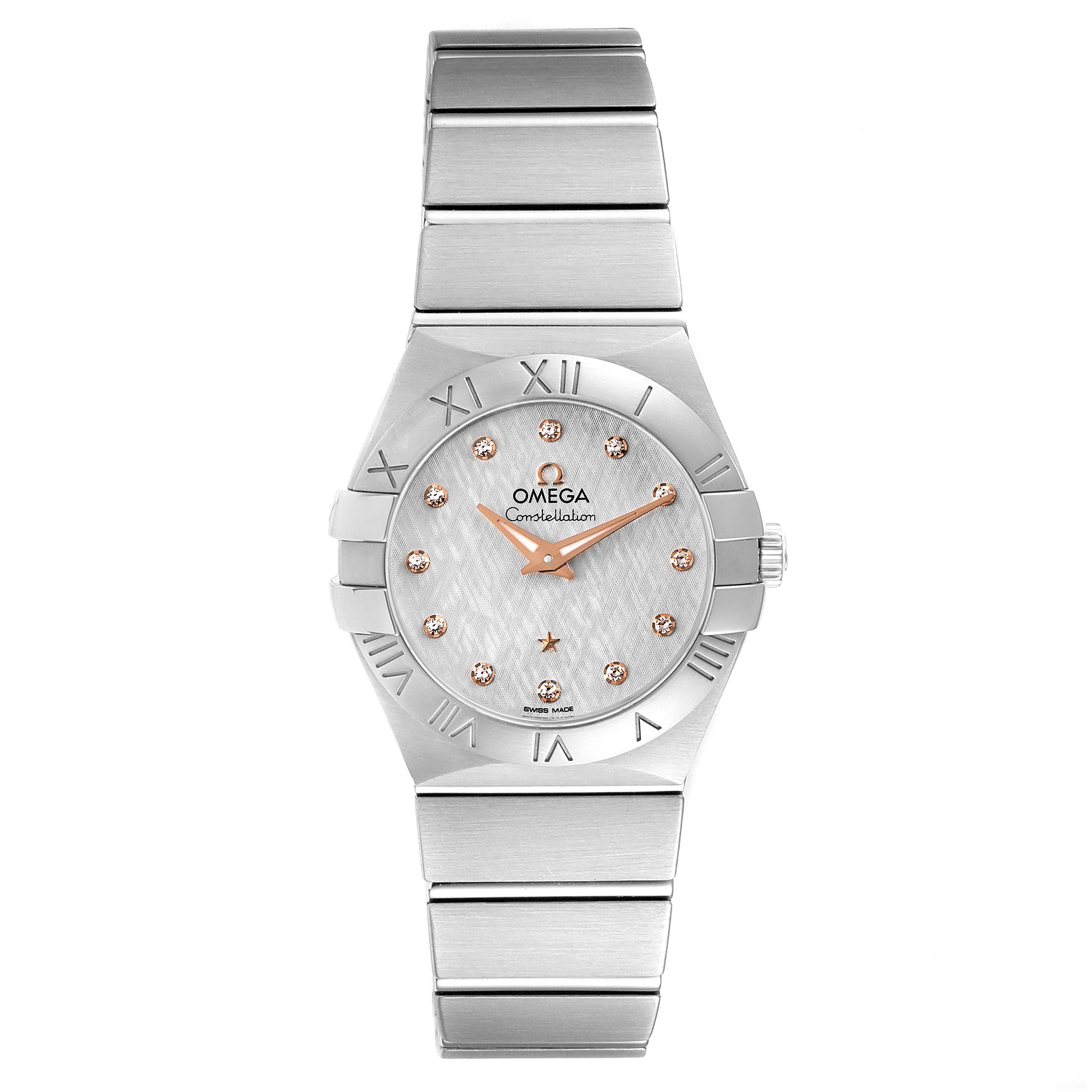 The image shows the front view of an Omega 123.10.27.60.52.001 Women
s Stainless Steel Silver Dial 123.10.27.60.52.001 Women
s Stainless Steel Silver Dial Constellation 27mm Diamond Steel Ladies Watch 123.10.27.60.52.001.