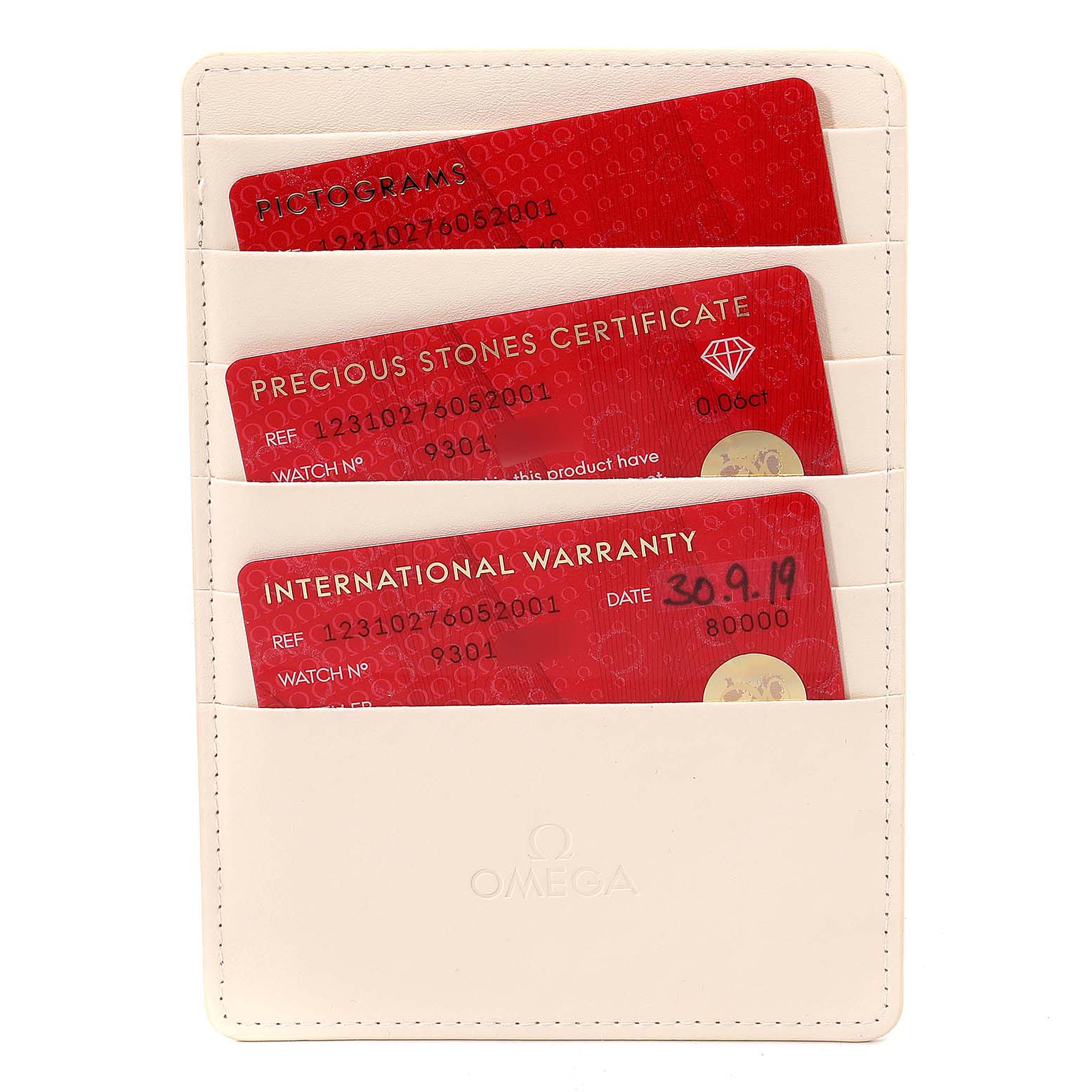 This image shows the certification cards and warranty for an Omega 123.10.27.60.52.001 Women
s Stainless Steel Silver Dial 123.10.27.60.52.001 Women
s Stainless Steel Silver Dial Constellation 27mm Diamond Steel Ladies Watch model 123.10.27.60.52.001.