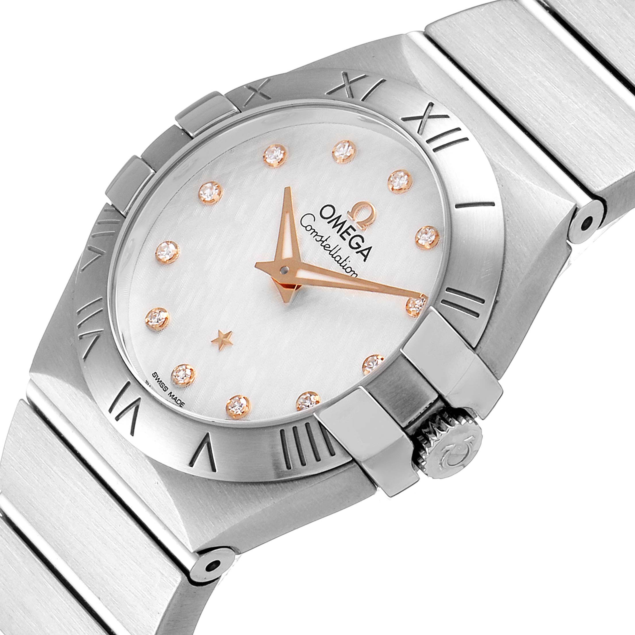 The image shows a close-up of the Omega 123.10.27.60.52.001 Women
s Stainless Steel Silver Dial 123.10.27.60.52.001 Women
s Stainless Steel Silver Dial Constellation 27mm Diamond Steel Ladies Watch 123.10.27.60.52.001
s face, bezel, and part of the bracelet.